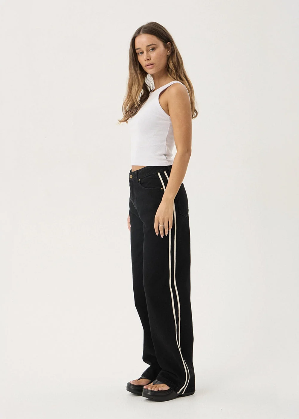 AFENDS Womens Bella Stripe - Denim Wide Leg Jean - Washed Black