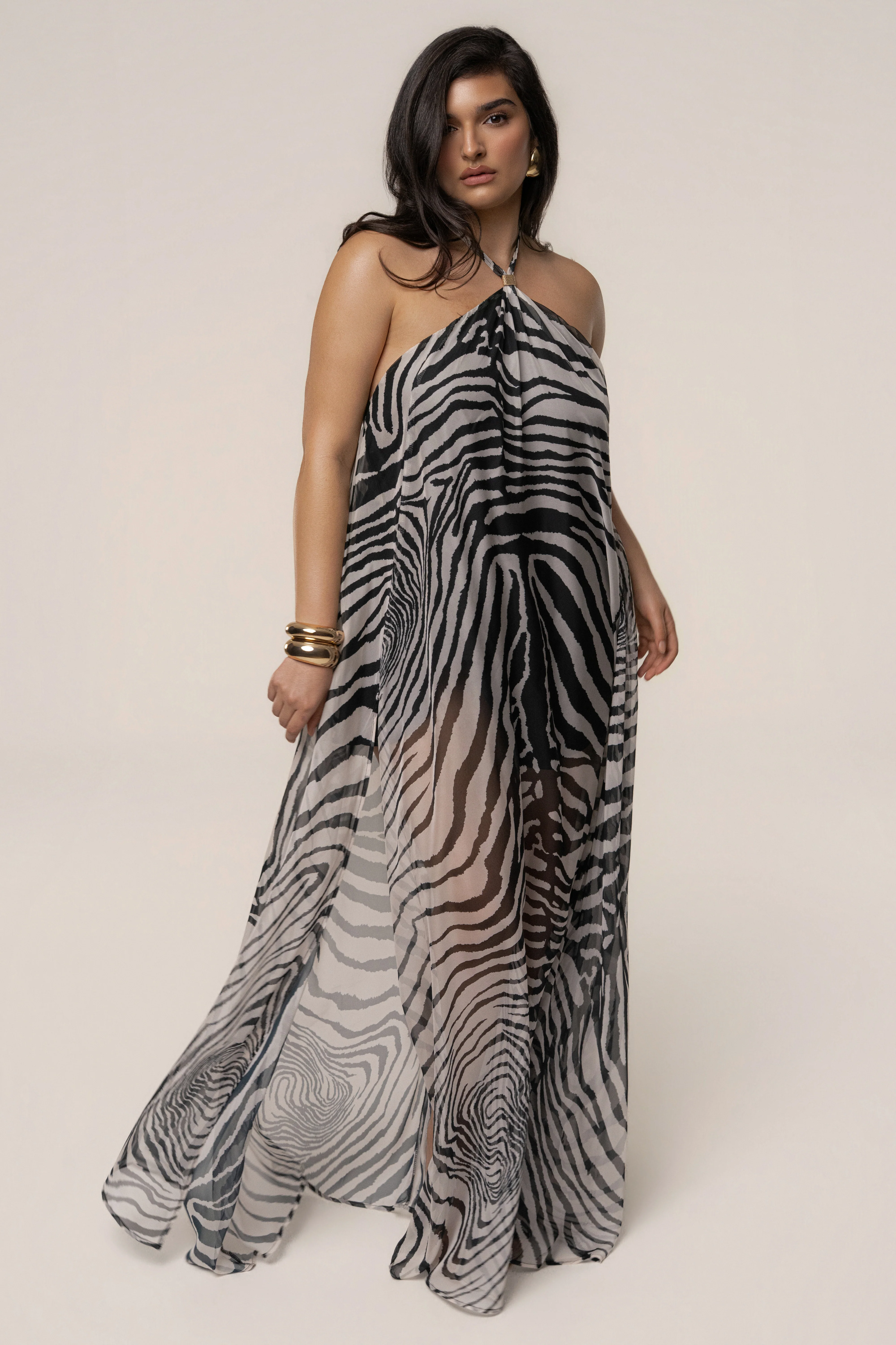 Zebra Print Jolene Halter Neck Maxi Dress