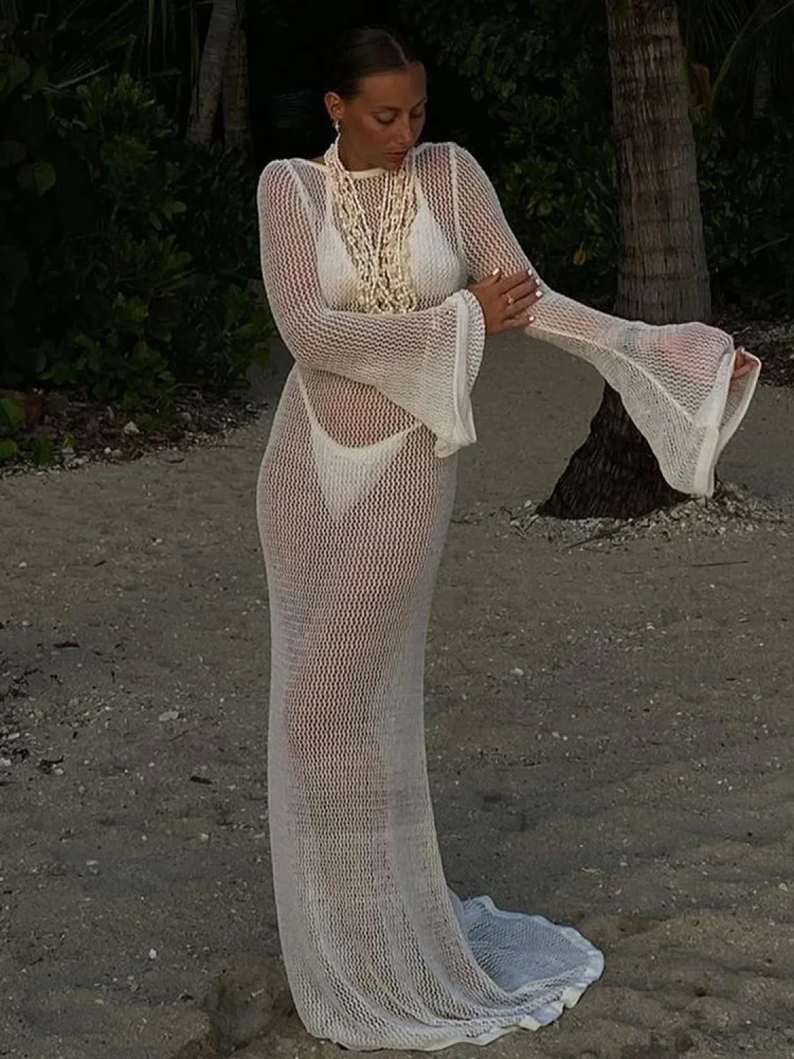 Hollow Out Long Sleeve Bikini Cover Up