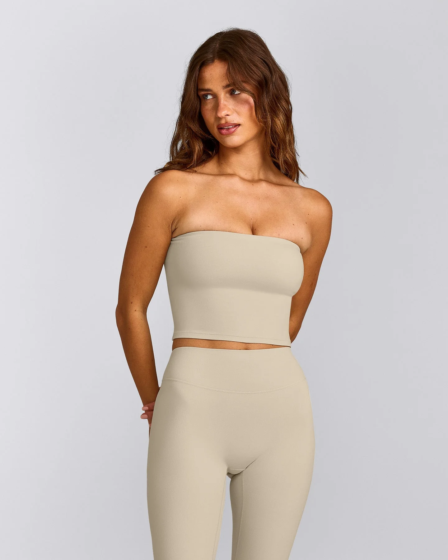 SoftMotion™ Bandeau Mid Vest with Built in Bra Shelf with Grey Logo | Oatmeal