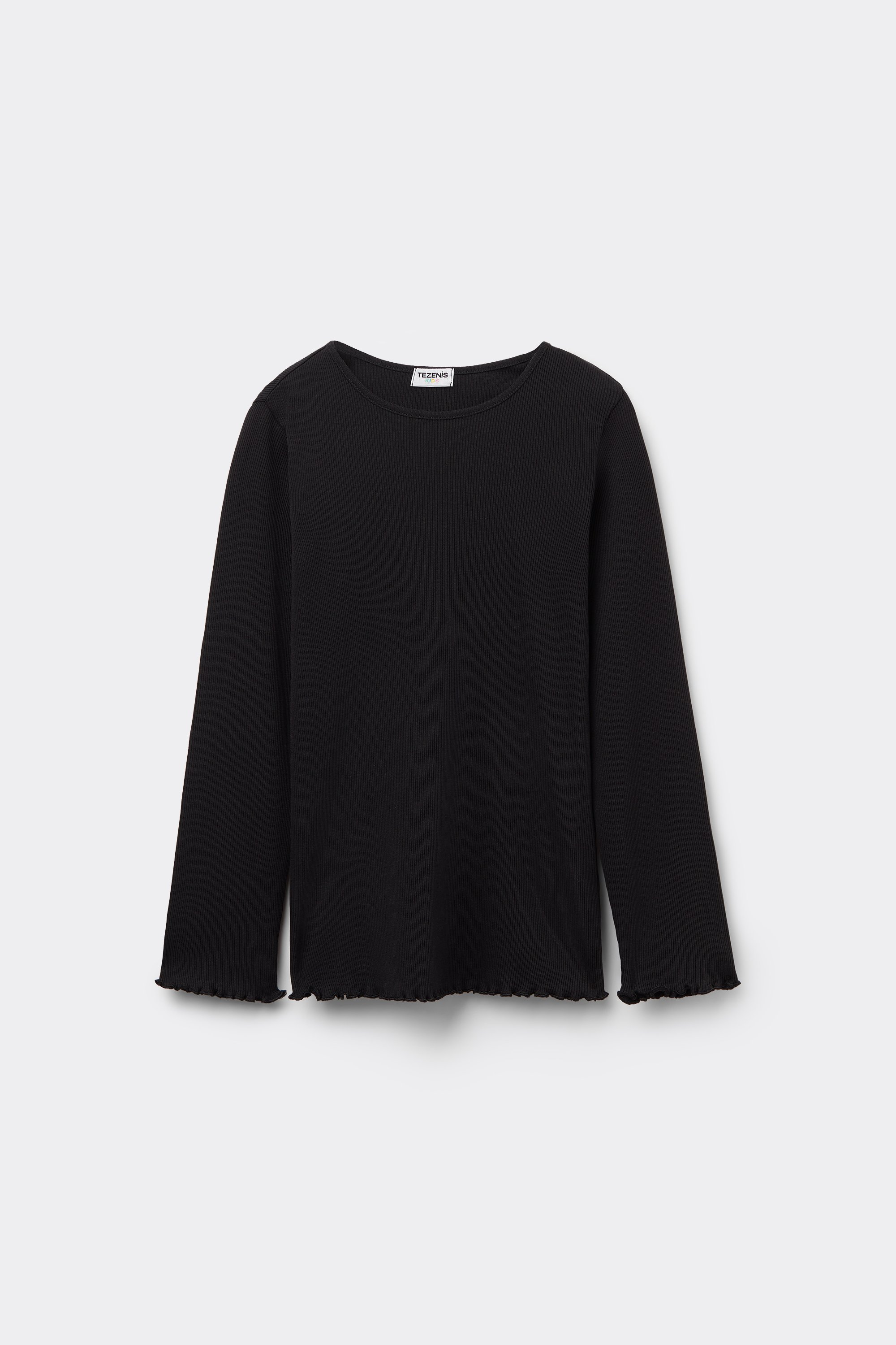 Girls’ Long Sleeve Ribbed Round-Neck Top with Rolled Hem