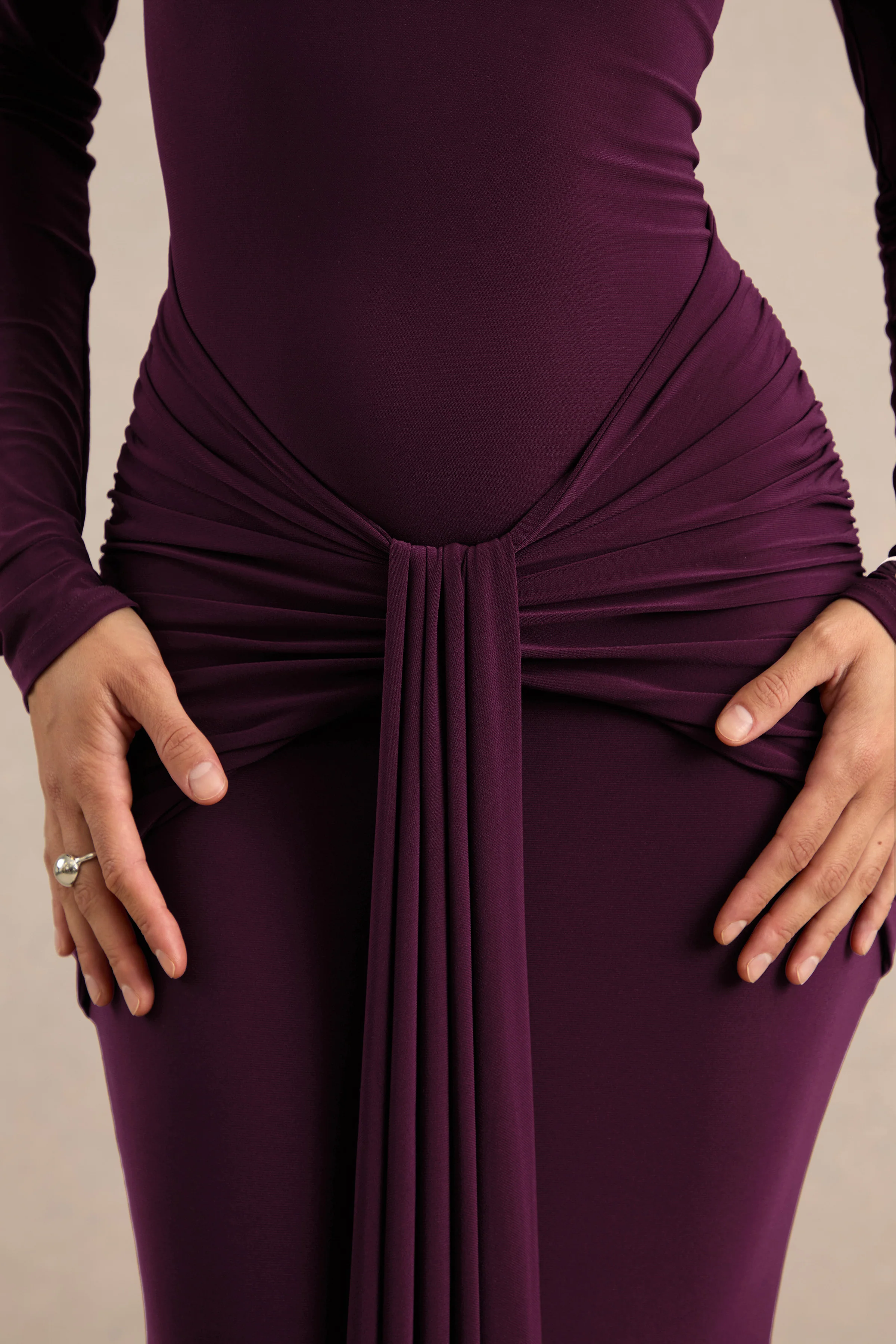 Seraphita | Purple Jersey High Neck Long Sleeve Maxi Dress With Gathered Detailing And Sash