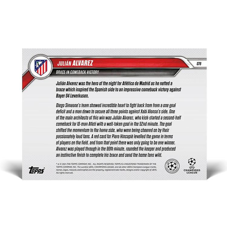 Julián Alvarez - Brace secures impressive comeback victory - 24/25 UCL Topps NOW® Card 76