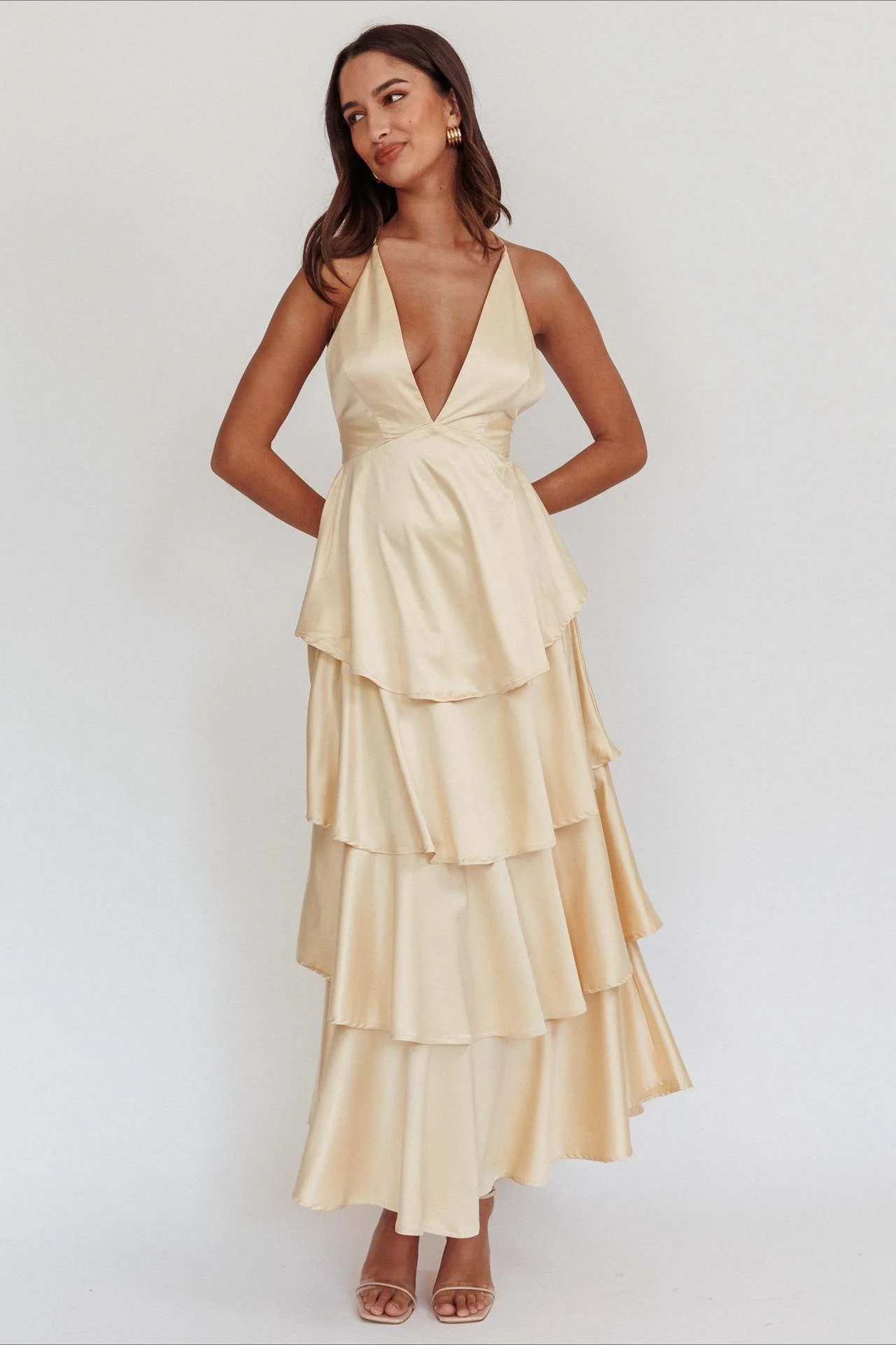 Satin V-Neck Cami Tiered Slim Maxi Dress