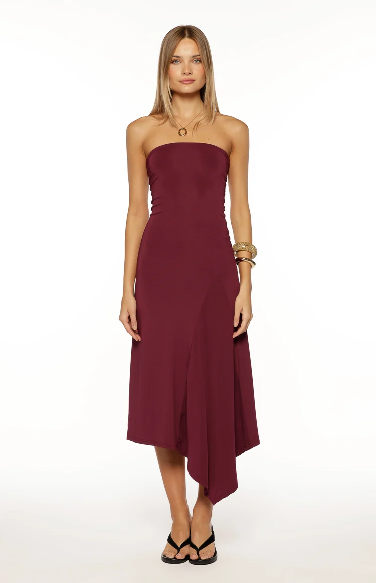 Maura Plum Strapless Asymmetrical Midi Dress