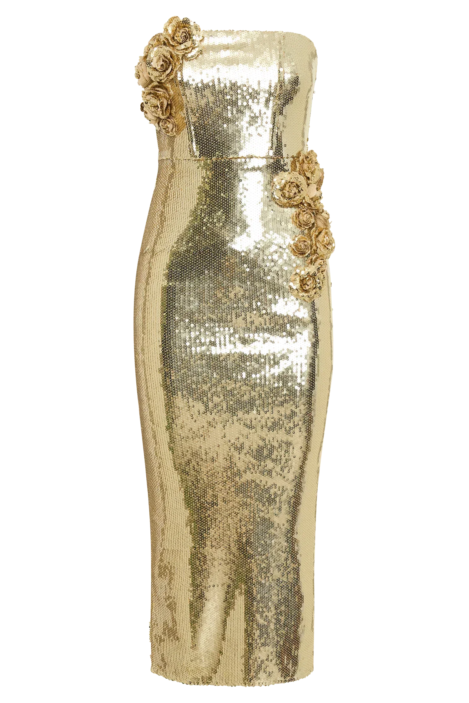 Cassia Strapless Sequin Rose Midi Dress - Gold