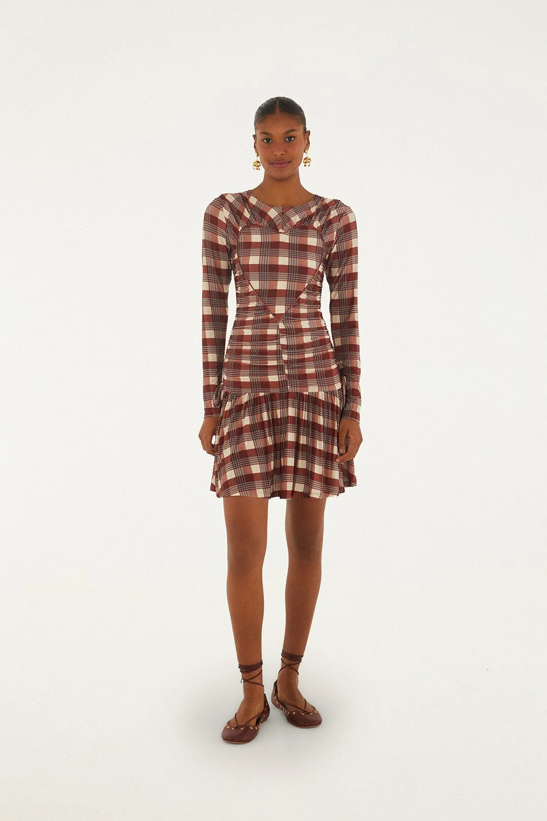 Brown Country Tartan Heart Ruched Mini Dress