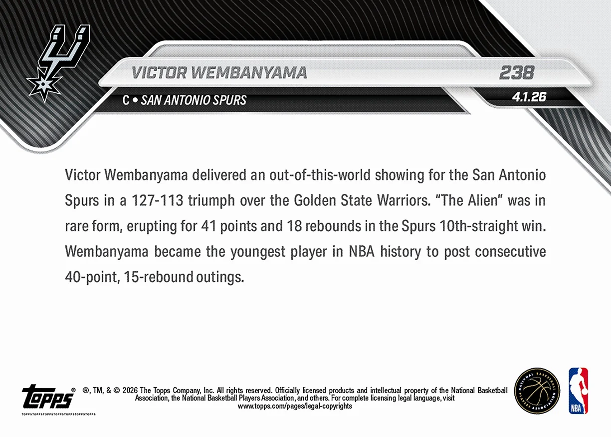Victor Wembanyama - 2025-26 NBA Topps NOW® - Card 238 - PR: 3693