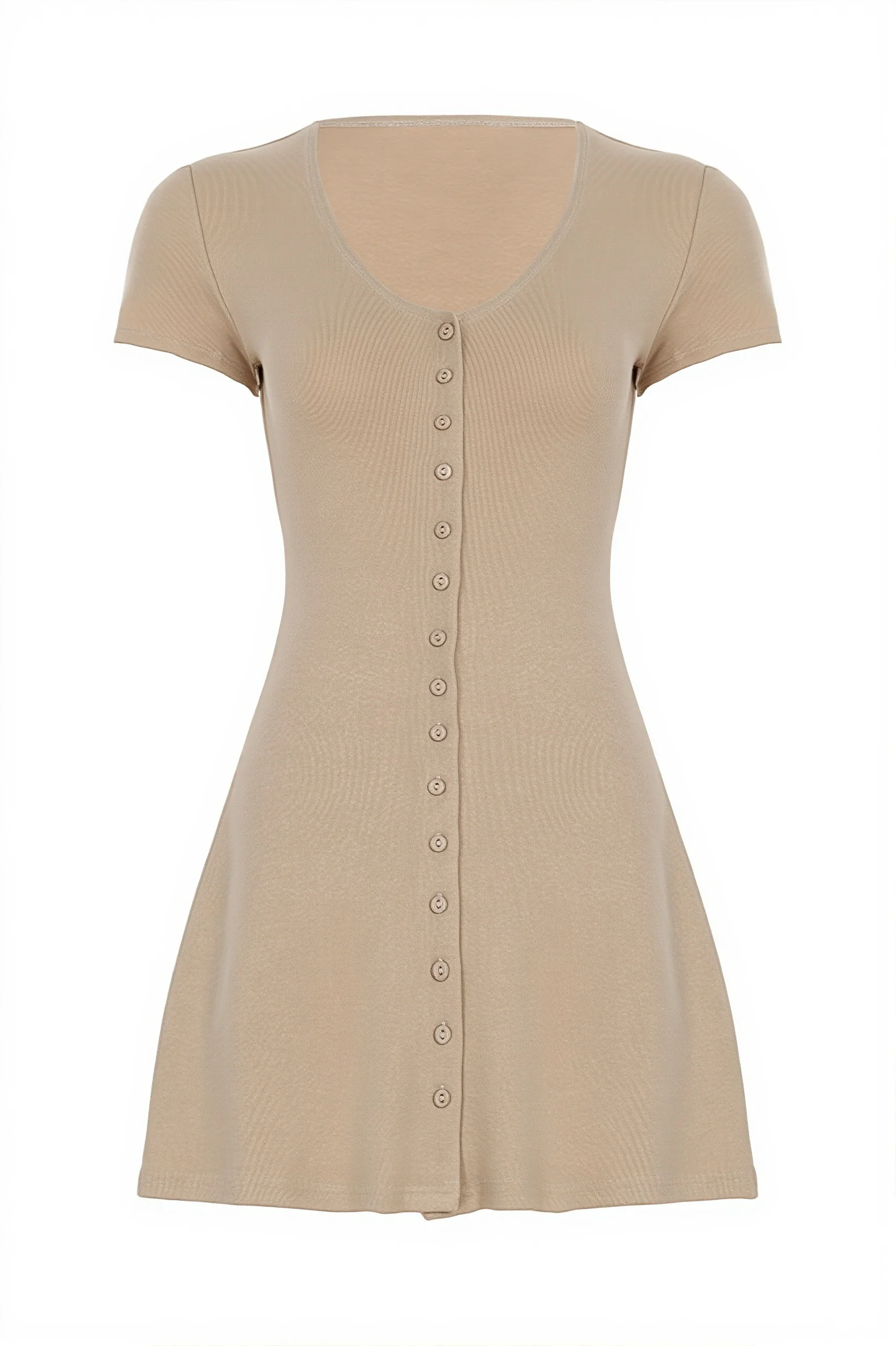 Solid Button Knit V Neck Slim Mini Dress
