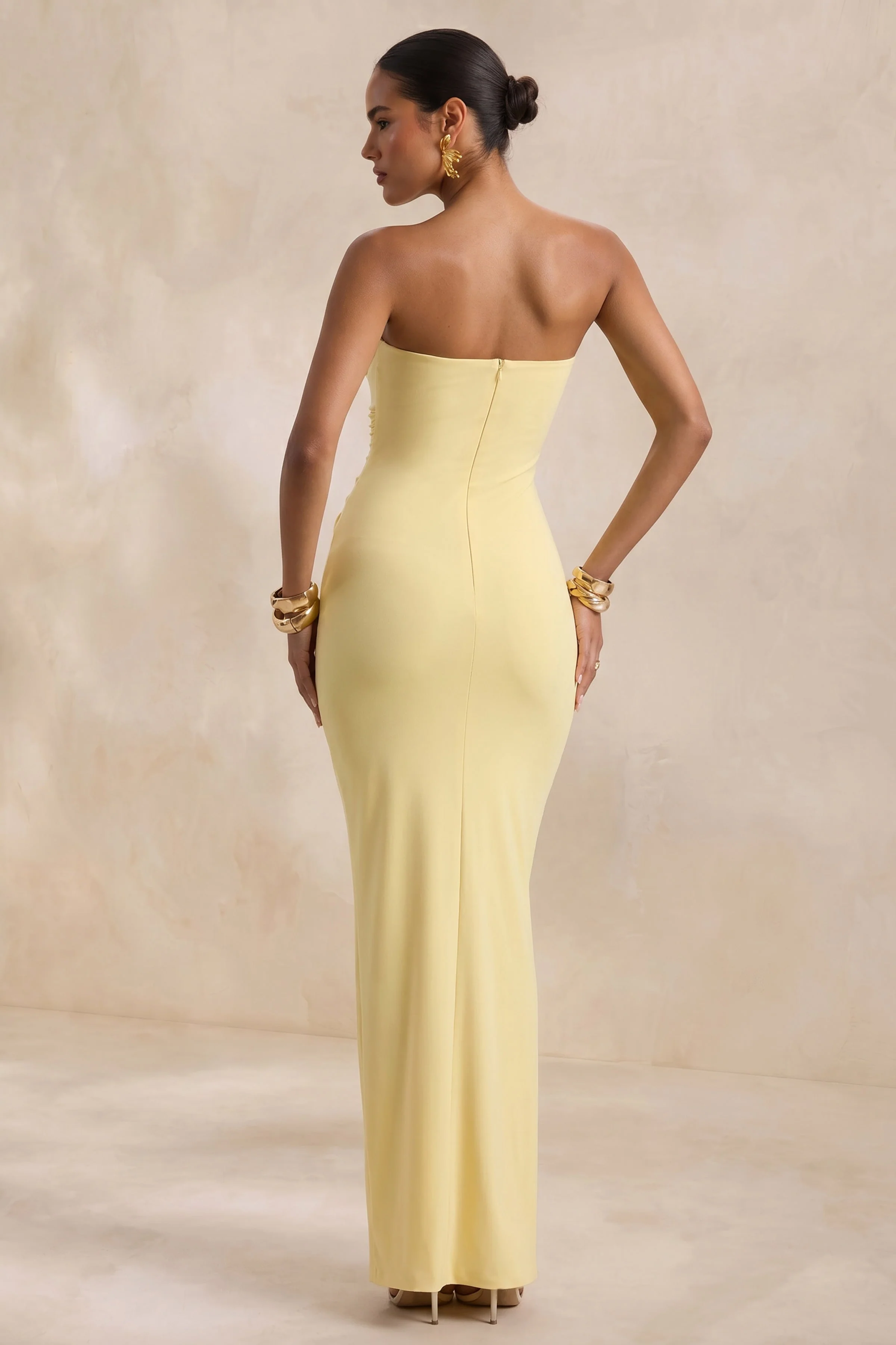 Ali | Lemon Jersey Sweetheart Maxi Dress With Gathered Detailing And Sash