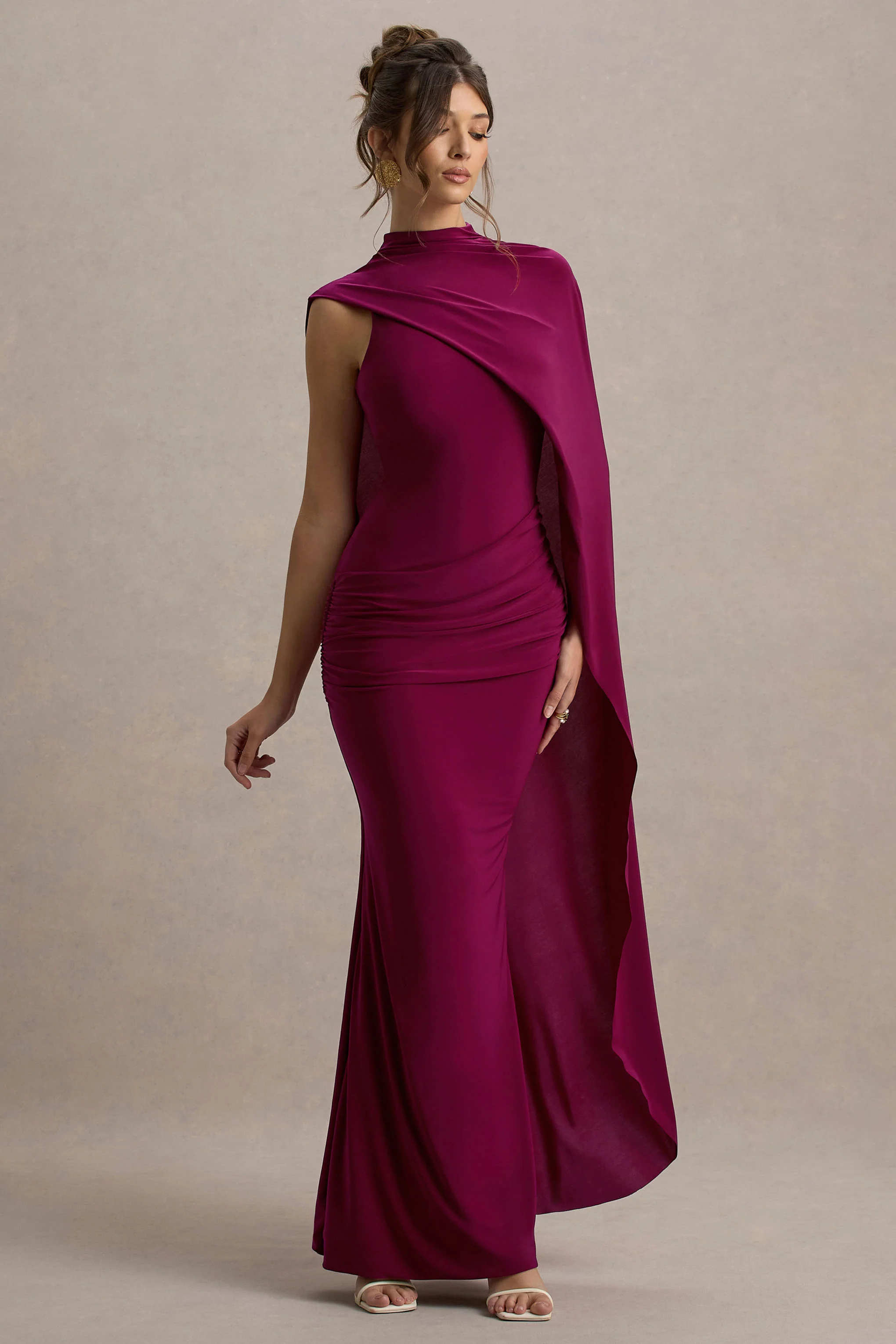 Maeve | Burgundy Cape-Sleeve Draped Maxi Dress