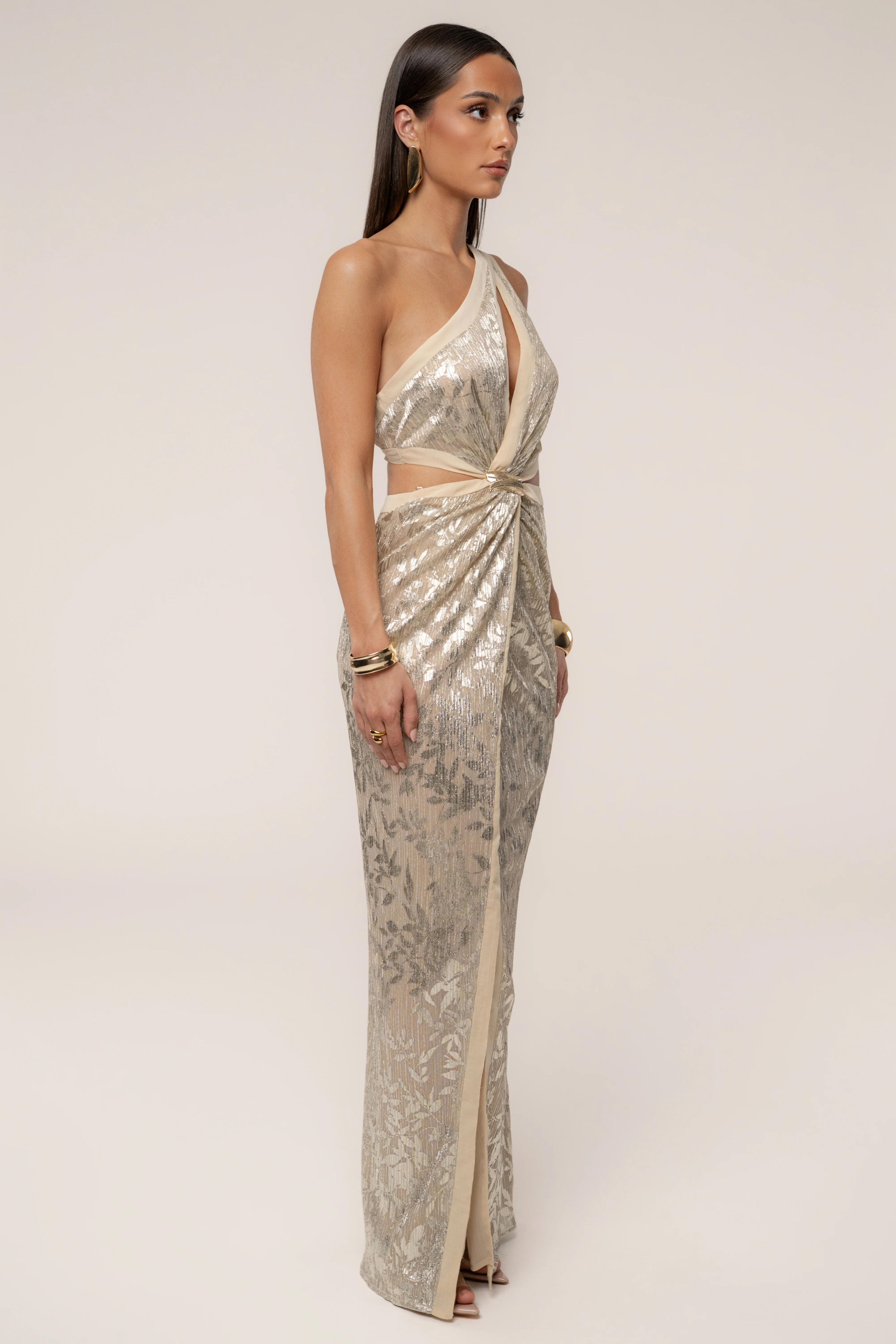 Gold One Shoulder Keyhole Dress