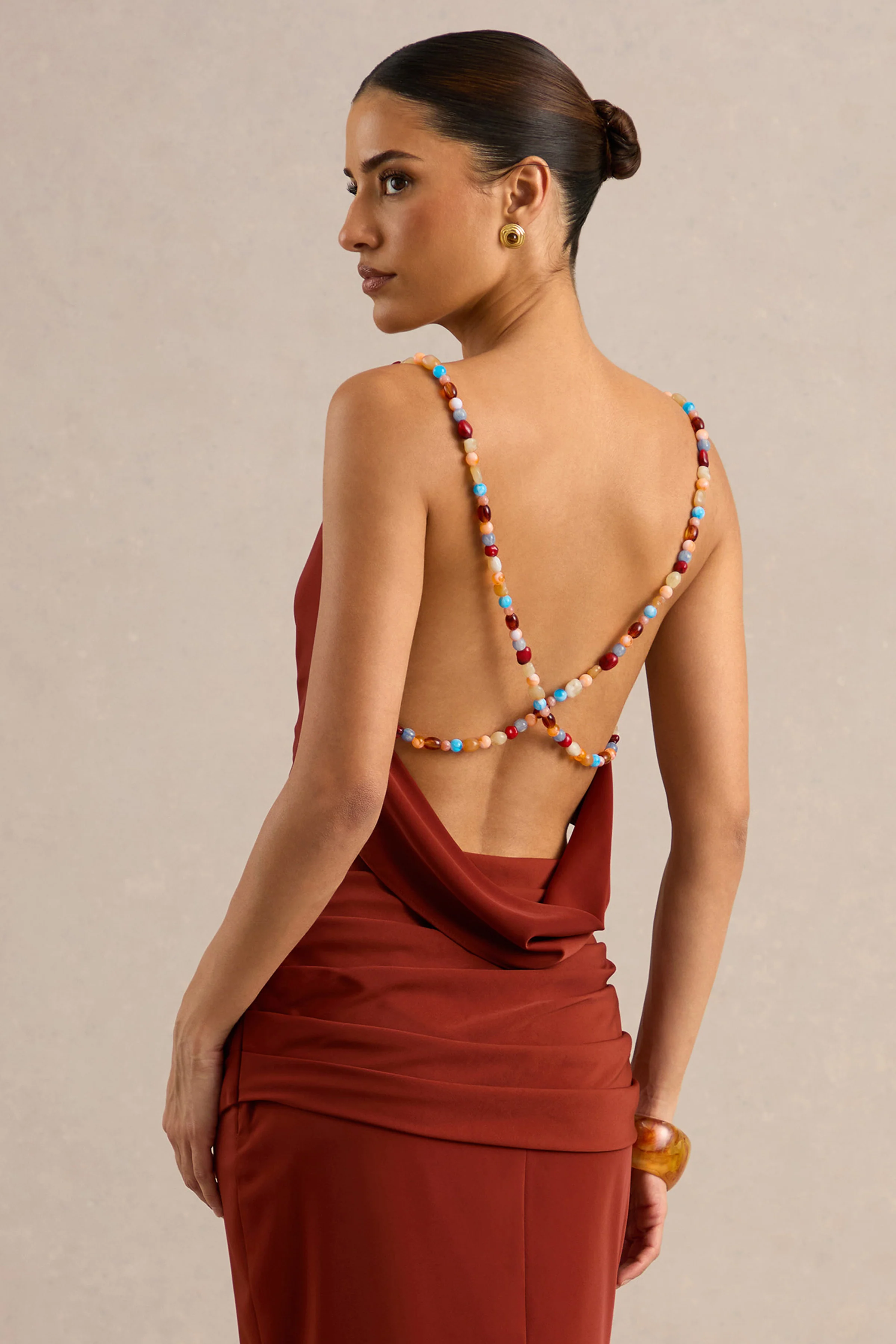 Anina | Rust Satin Cowl-Neck Crop-Top