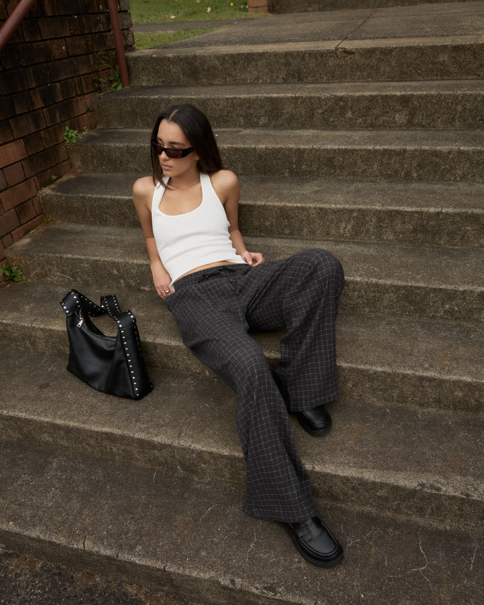 AFENDS Womens Dusk - Seersucker Check Pant - Black Check