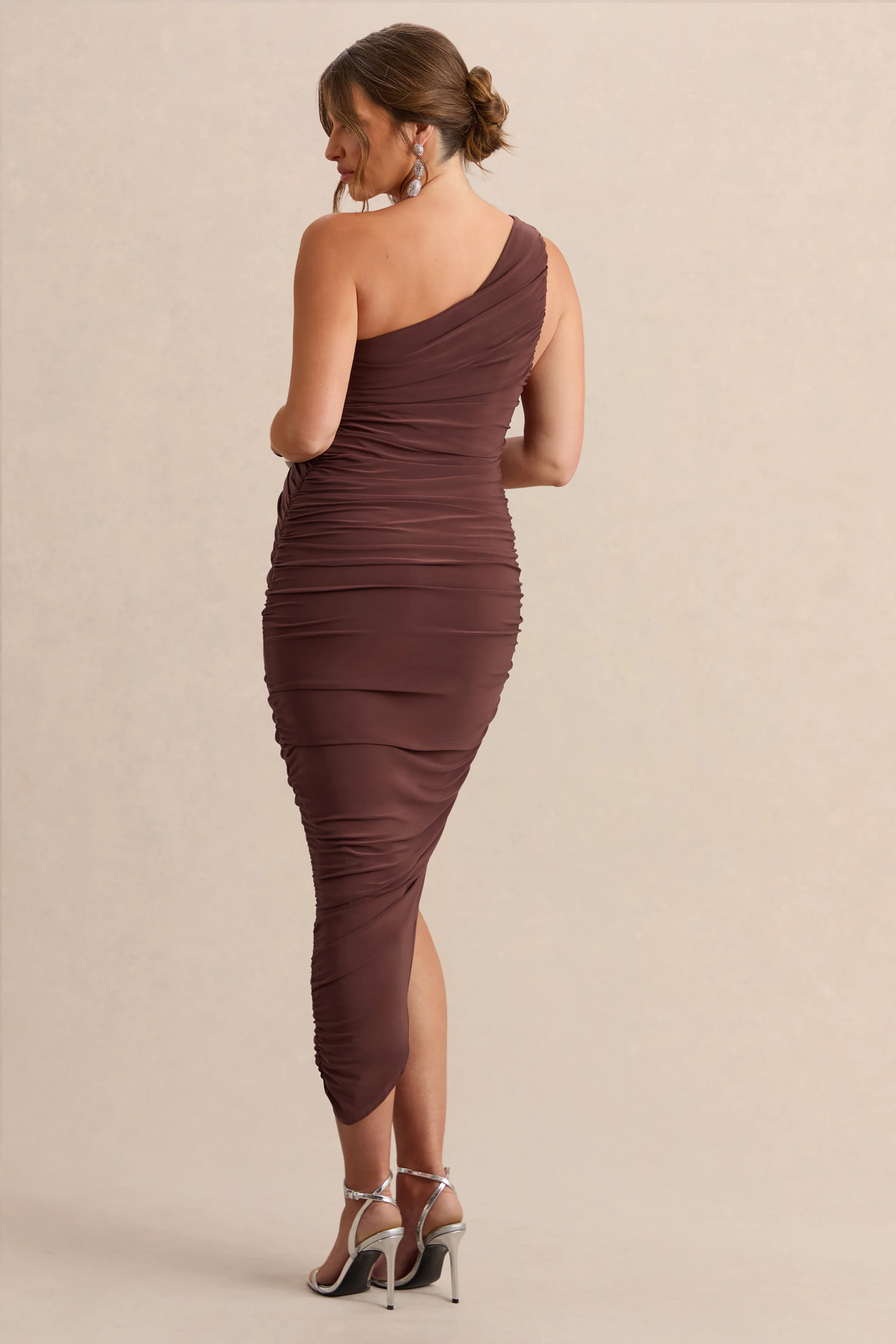 Late Night | Brown Maternity Ruched One Shoulder Midi Dress