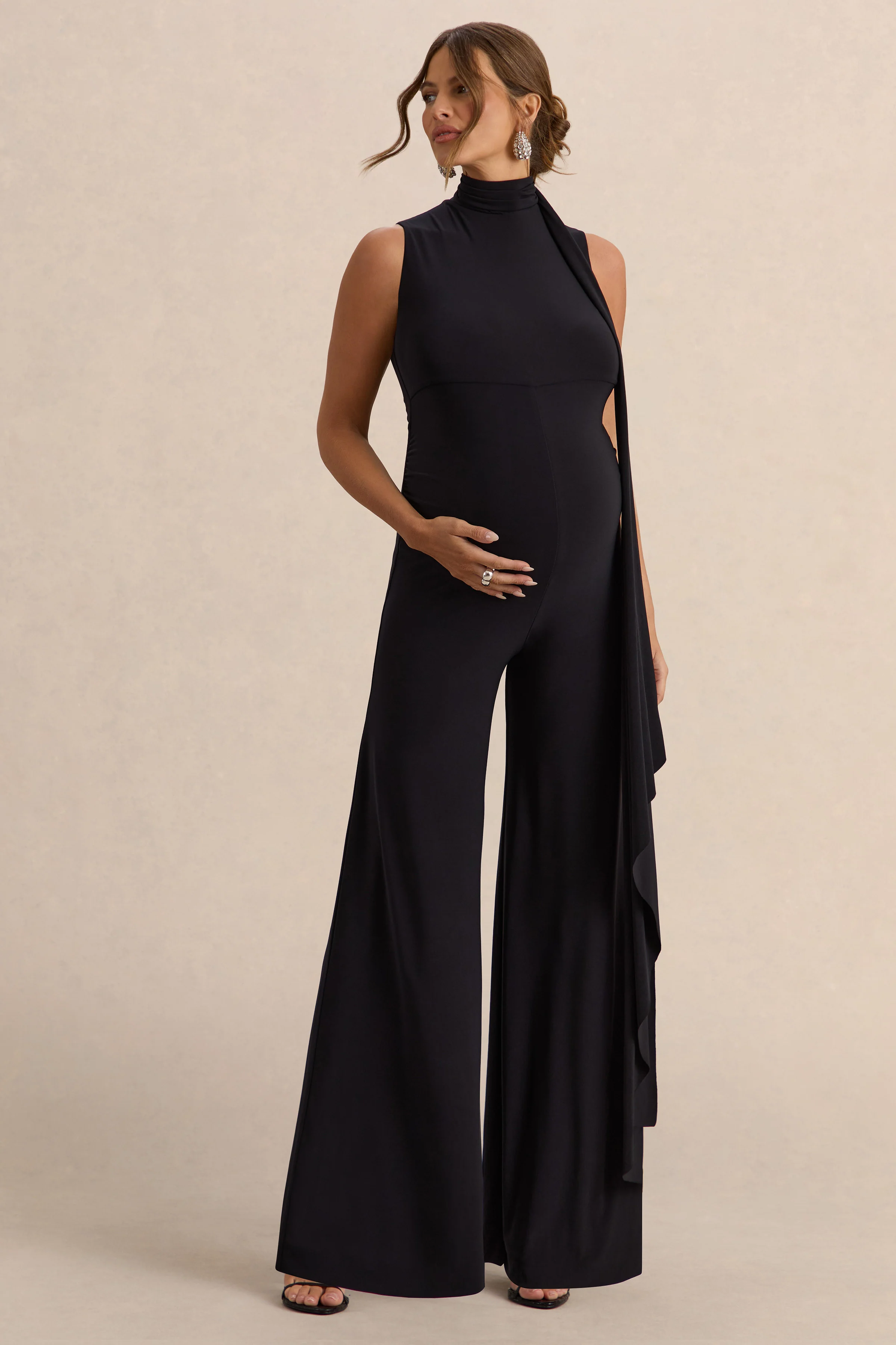 Renza | Black High-Neck Maternity Jumpsuit With Scarf Detail