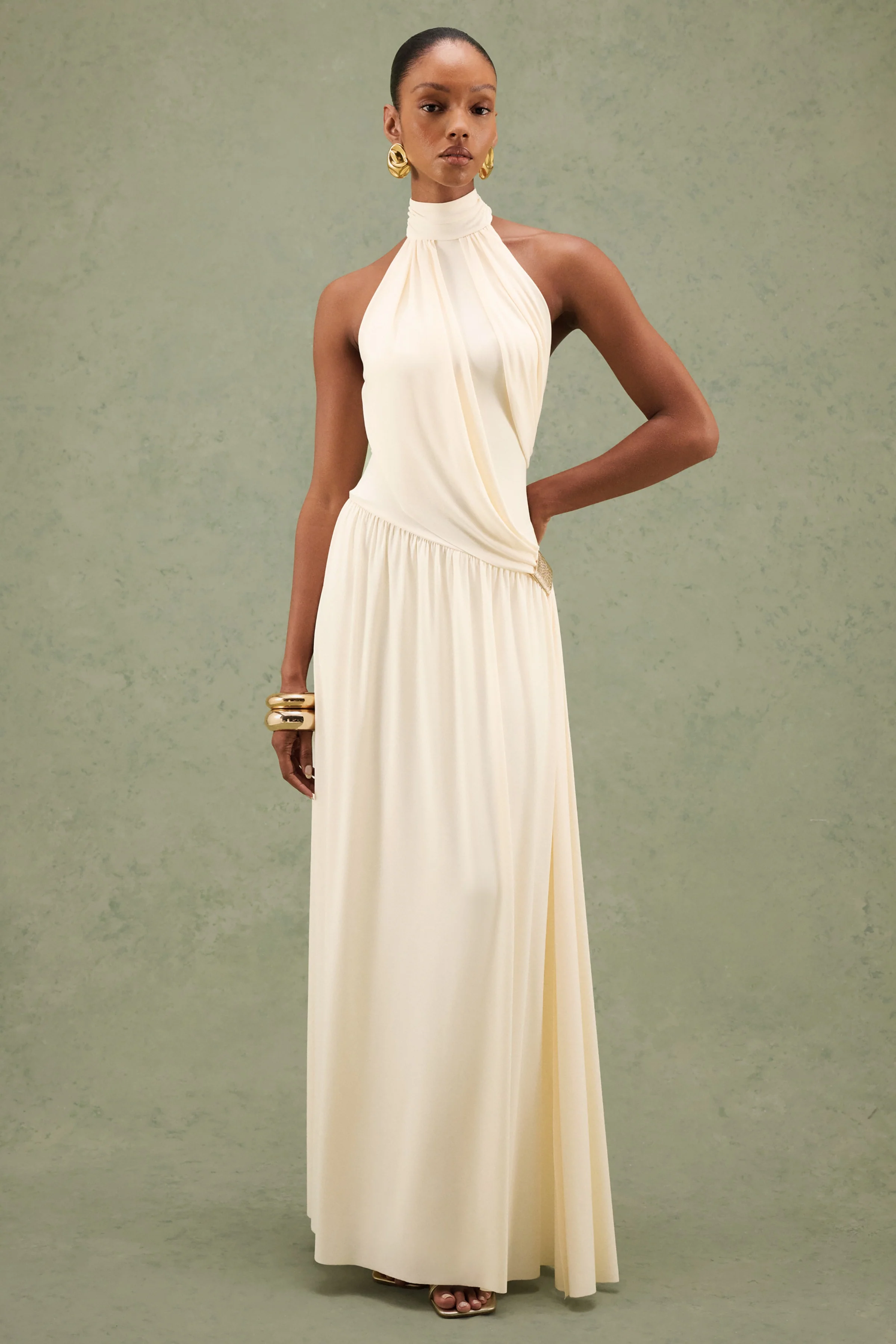 Sibel | Cream Jersey Ruched High Neck Maxi Dress With Draped Detailing And Gold Trim