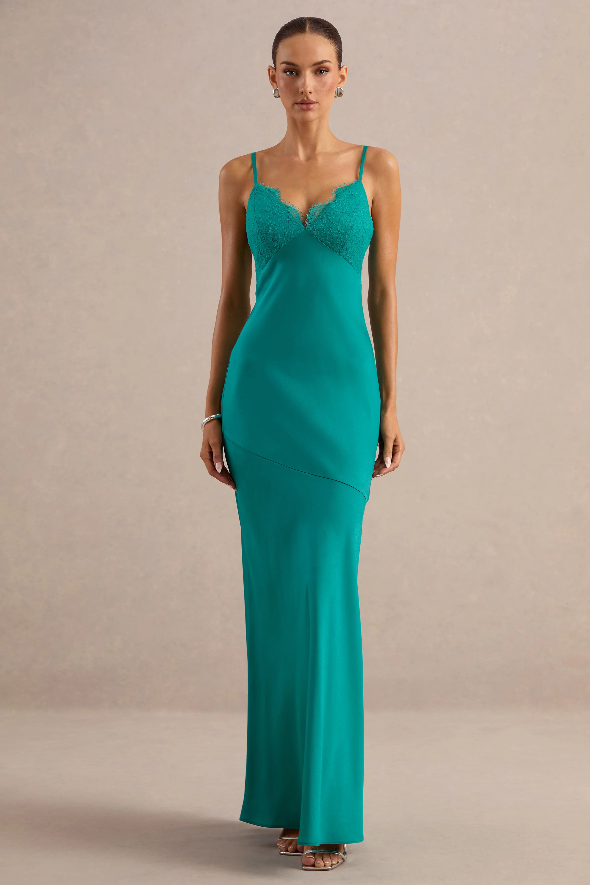 Kyralie | Green Satin V-Neck Maxi Dress with Lace Trim