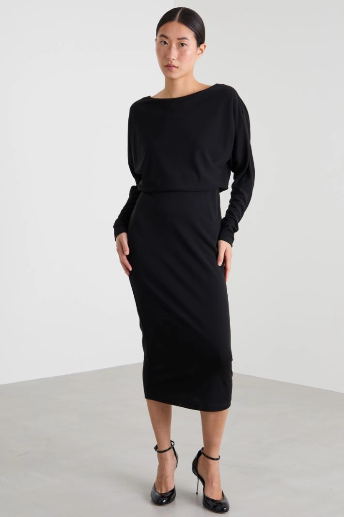 Midi crepe fabric dress - BLACK