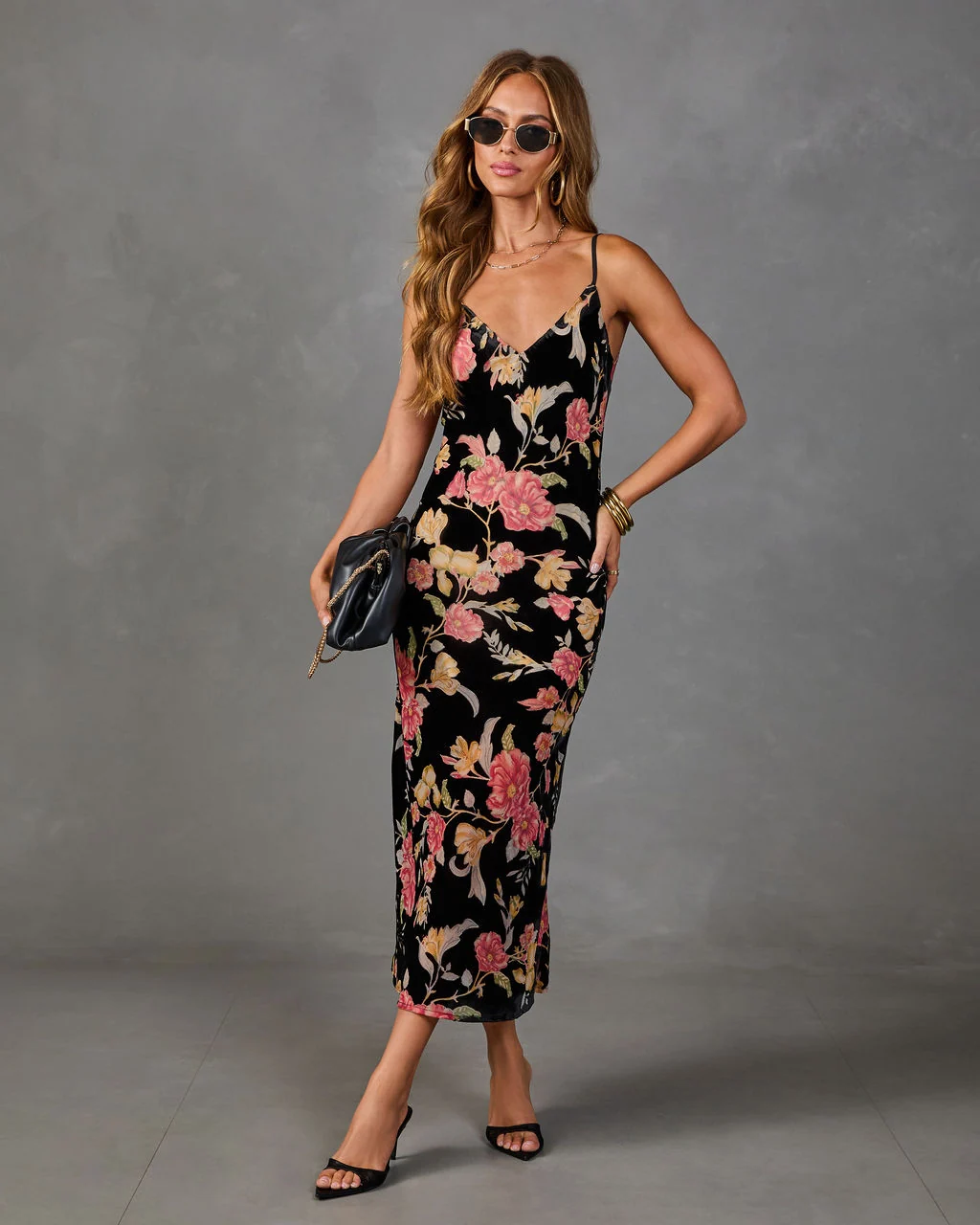 Villa Garden Floral Velvet Slip Midi Dress
