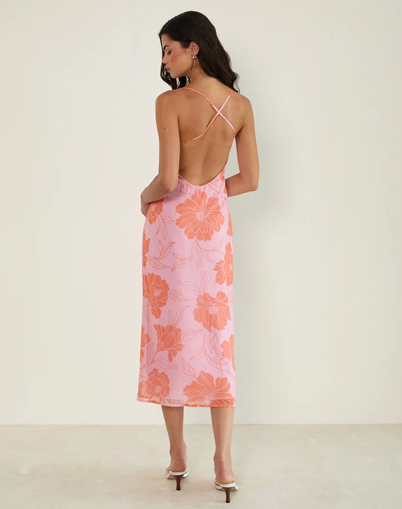 Rujira Cowl Midi Dress in Floral Pink Orange