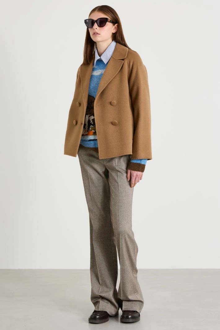 Pea coat with fabric-covered buttons - CAMEL