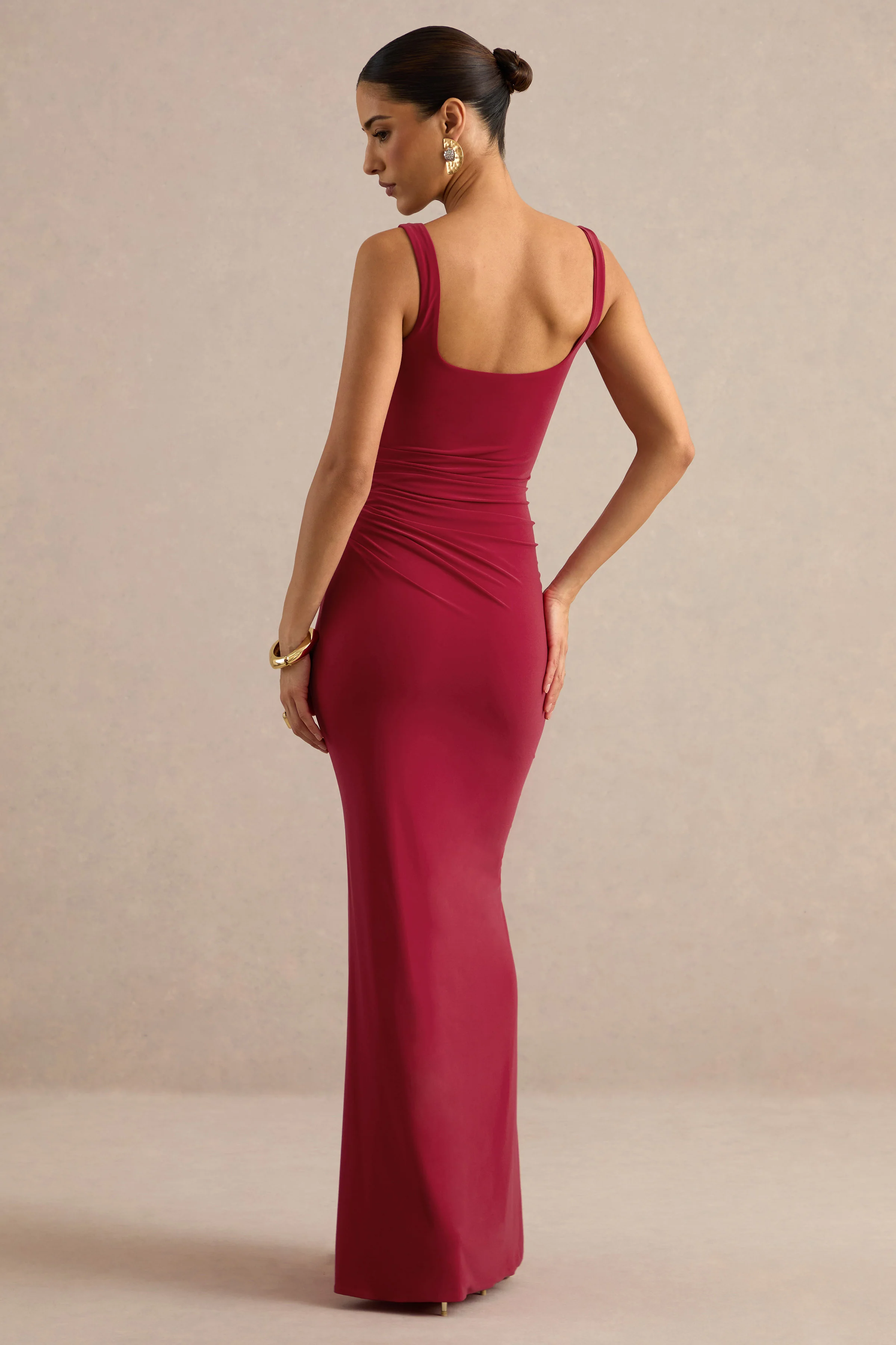 Elif | Red Jersey Square Neck Maxi Dress With Draped Detailing