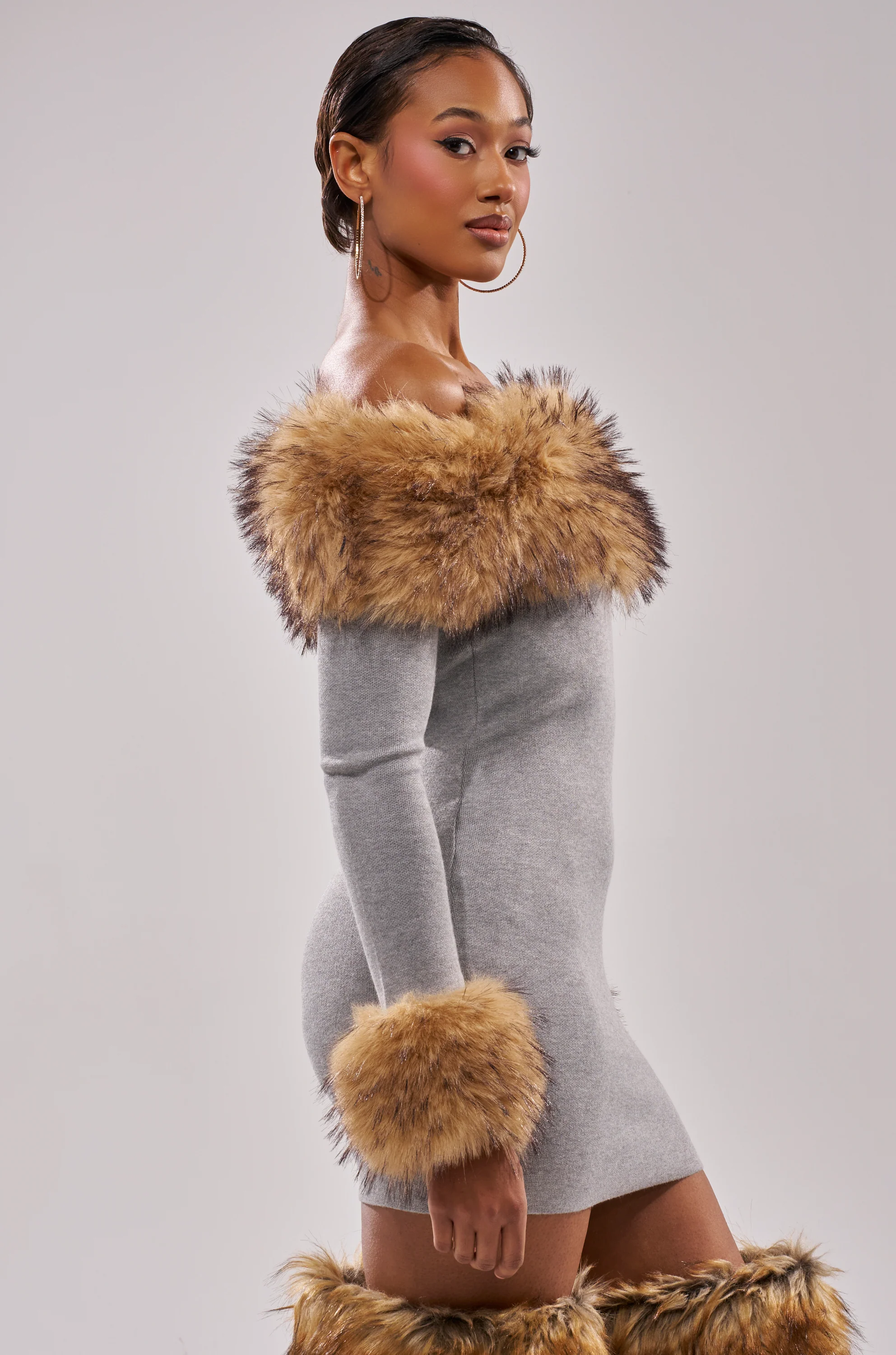 Comfy Cozy Fur Trim Mini Dress In Grey