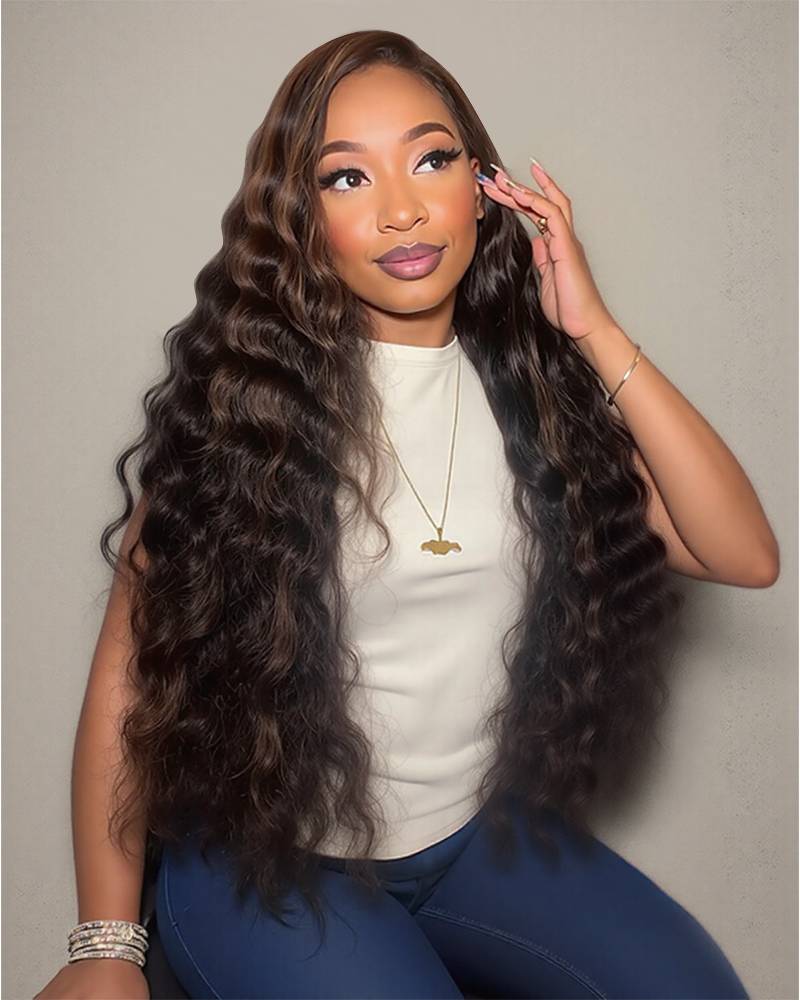 Ophirawig 13x4 Frontal Lace Auburn Highlights on Black Hair Loose Deep Wave Wig Invisible Knots Realistic Hairline