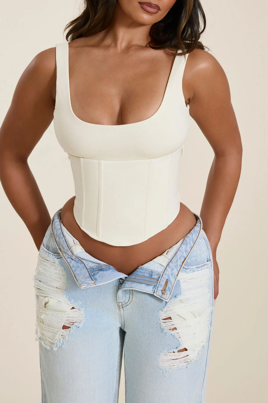 The Sandra Scoop Corset Vest Top in Cream
