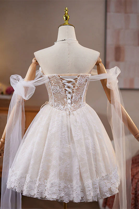 Tie Shoulder Rosette White Lace Short Dress