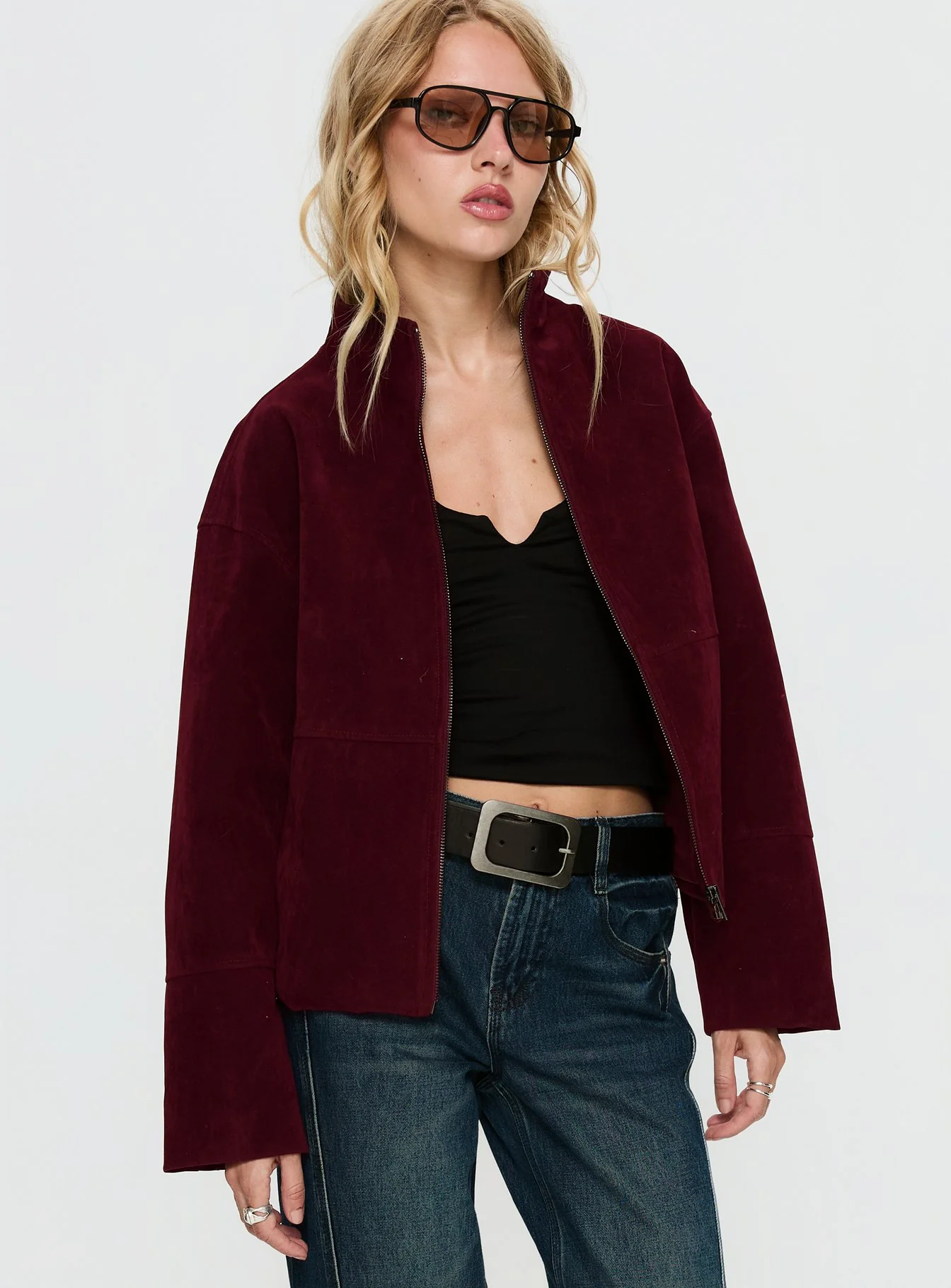 Jessalynn Faux Suede Zip Through Jacket Burgundy