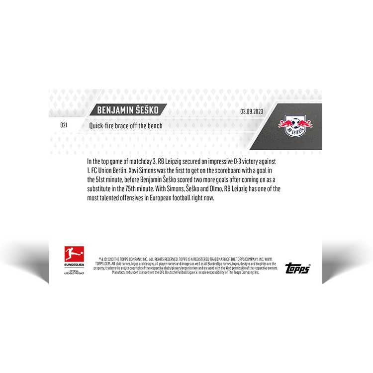 Topps UK - Benjamin Šeško - Quick-fire brace off the bench - Bundesliga TOPPS NOW® Card #21