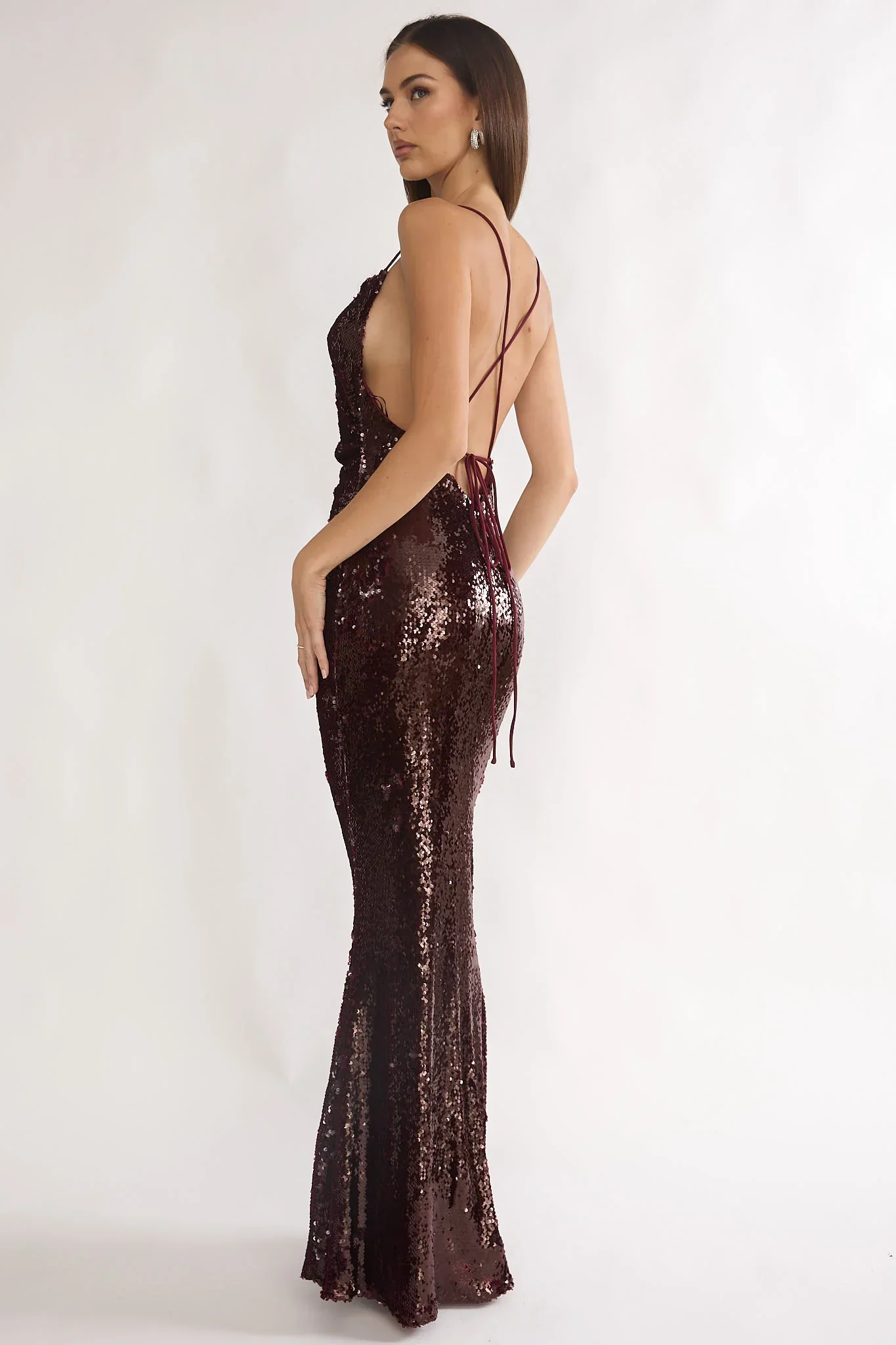 She's The Star Open Tied Back Maxi Dress Sequin Wine