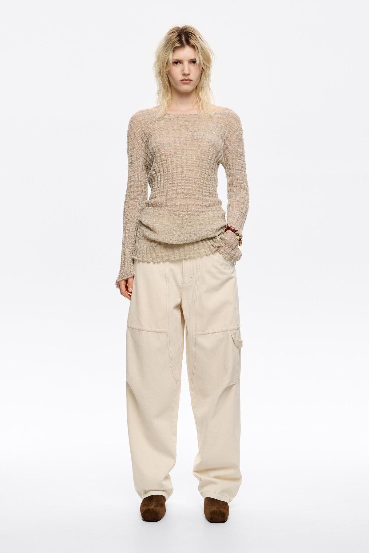 BARREL - Ivory denim trousers with zips