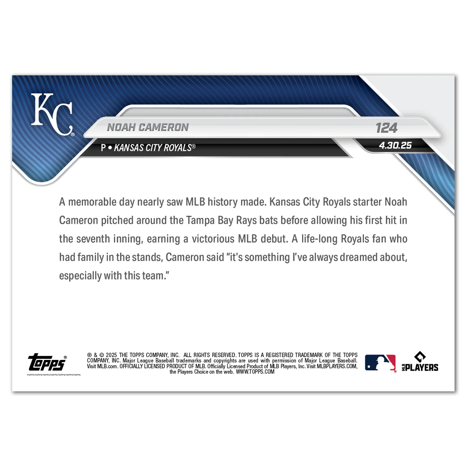 Noah Cameron - 2025 MLB Topps NOW® - Card 124