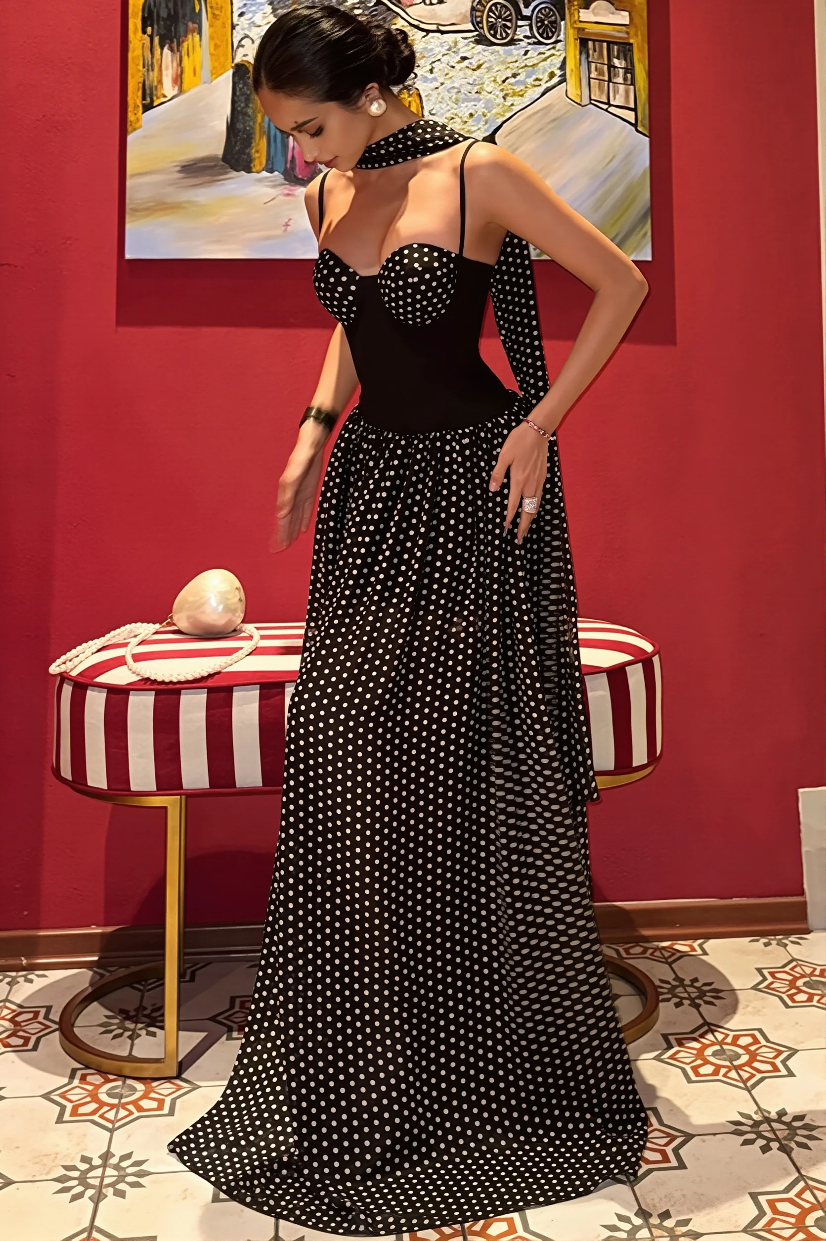 Strapless Cutout Back Ribbon Dot Print Cami Maxi Dress
