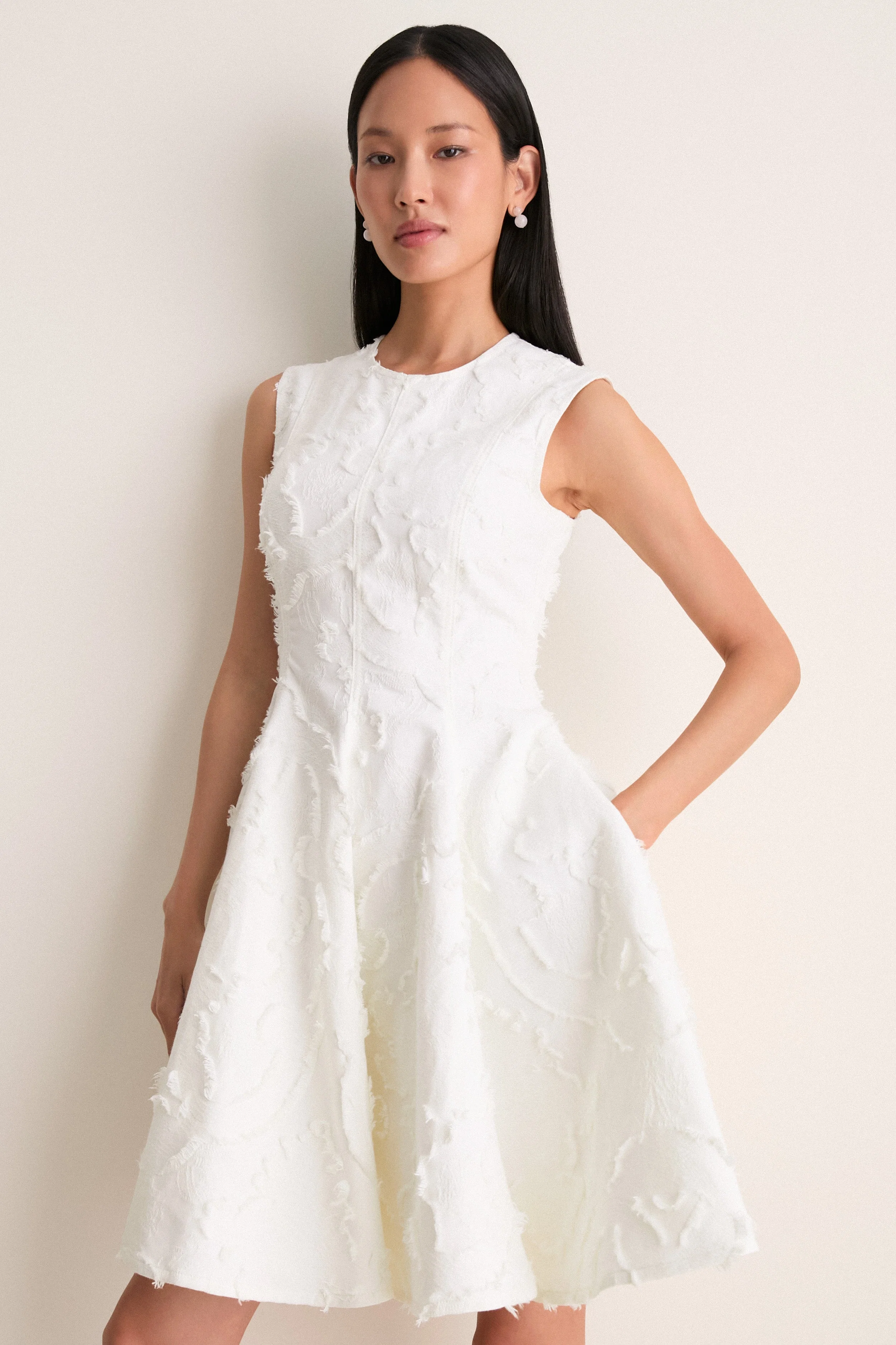 Ivory Textured Denim Fit And Flare Short Dress