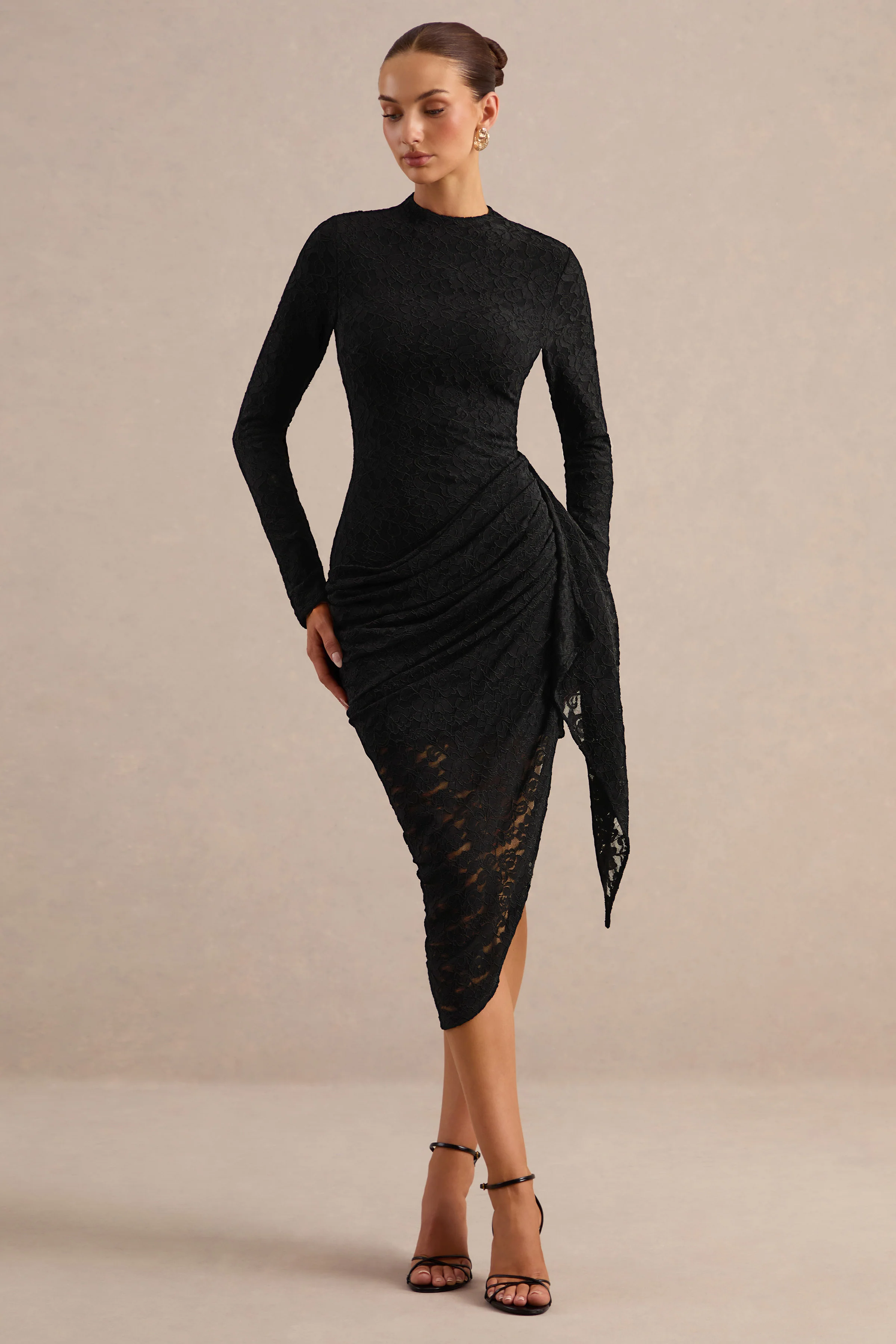 Laureline | Black Lace Round Neck Long Sleeve Midi Dress With Draped Skirt