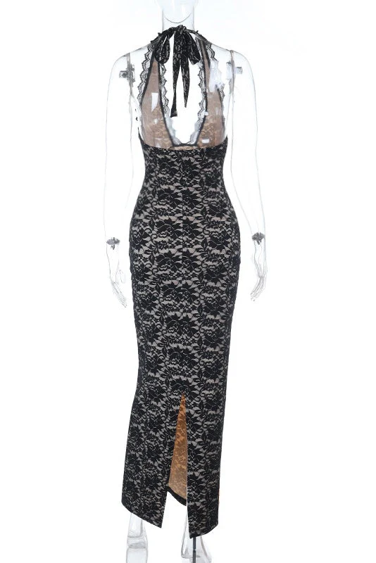 Halter Black Lace Fitted Long Dress