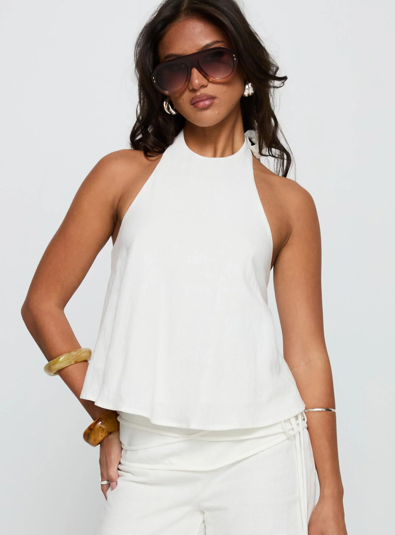 Aquaria Halter Linen Blend Top White