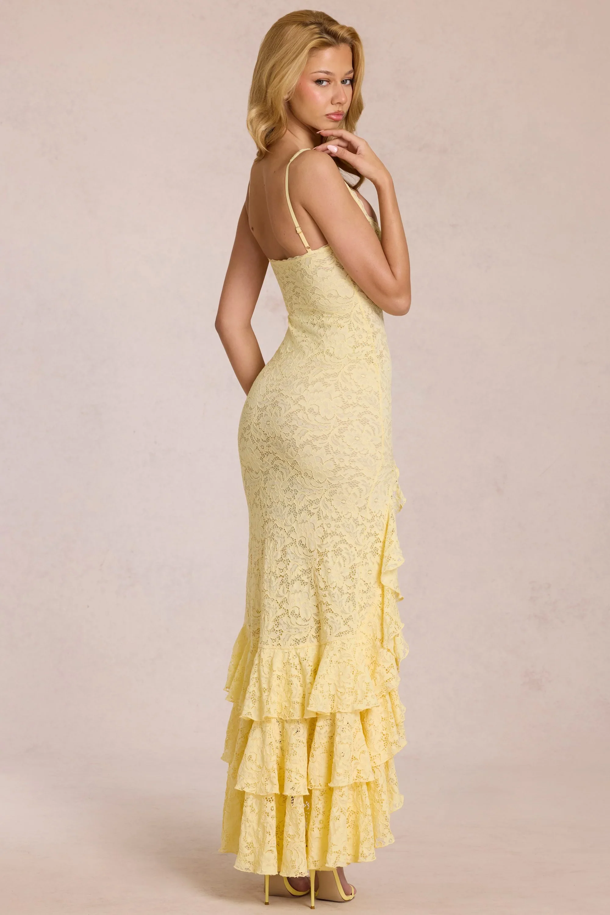 Lace Ruffle Maxi Dress in Lemon Yellow