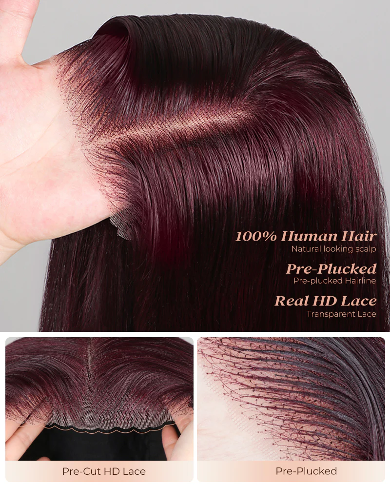 Ophirawig 6x5/13x4 Lace Glueless Dark Plum Straight Wig Pre-cut Lace Beginner Friendly