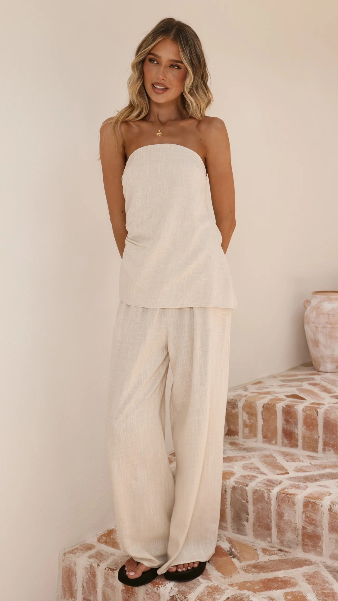 Yuki Strapless Top and Pants Set - Oatmeal