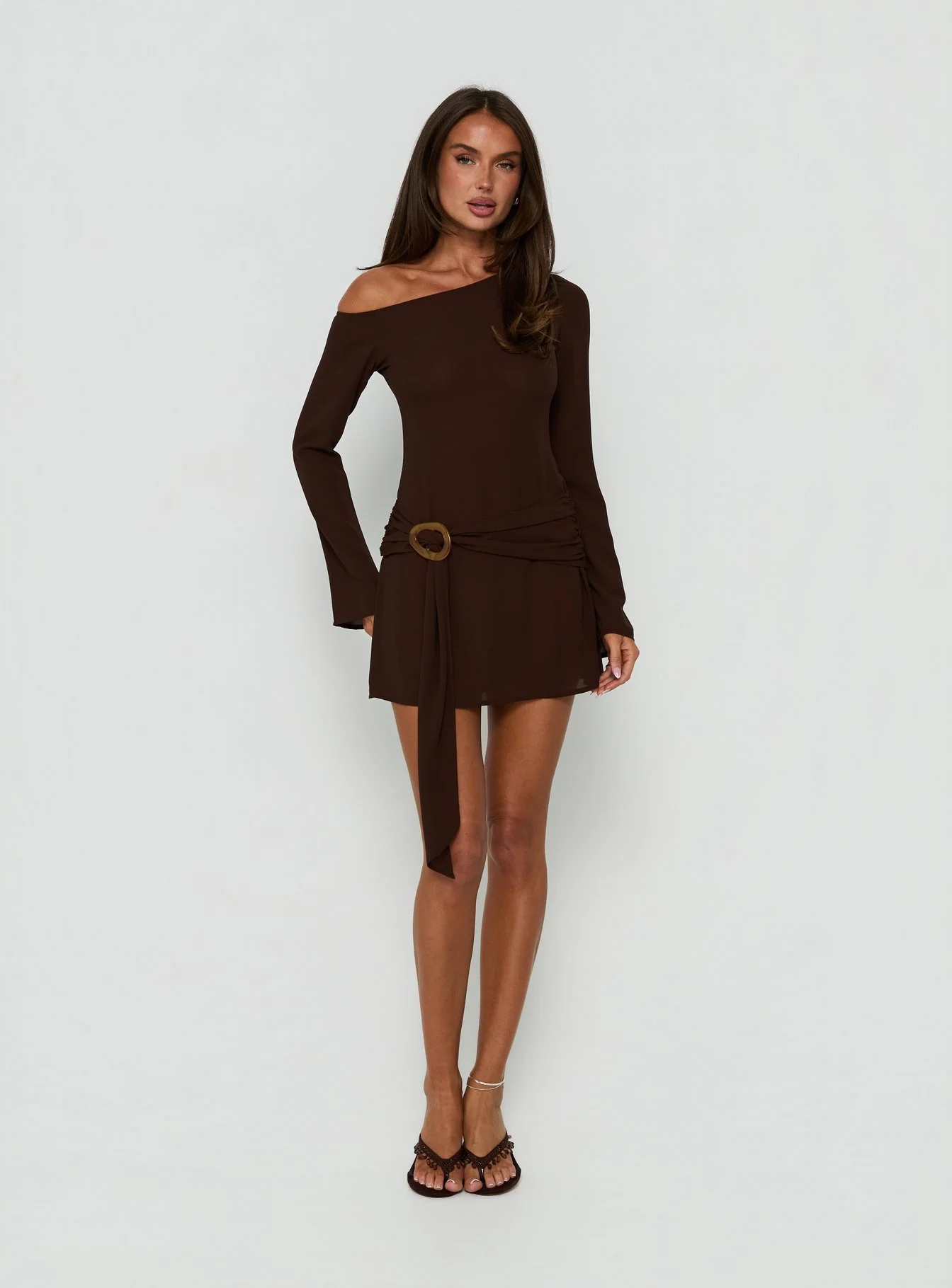 Still Spinning One Shoulder Belted Mini Dress Brown