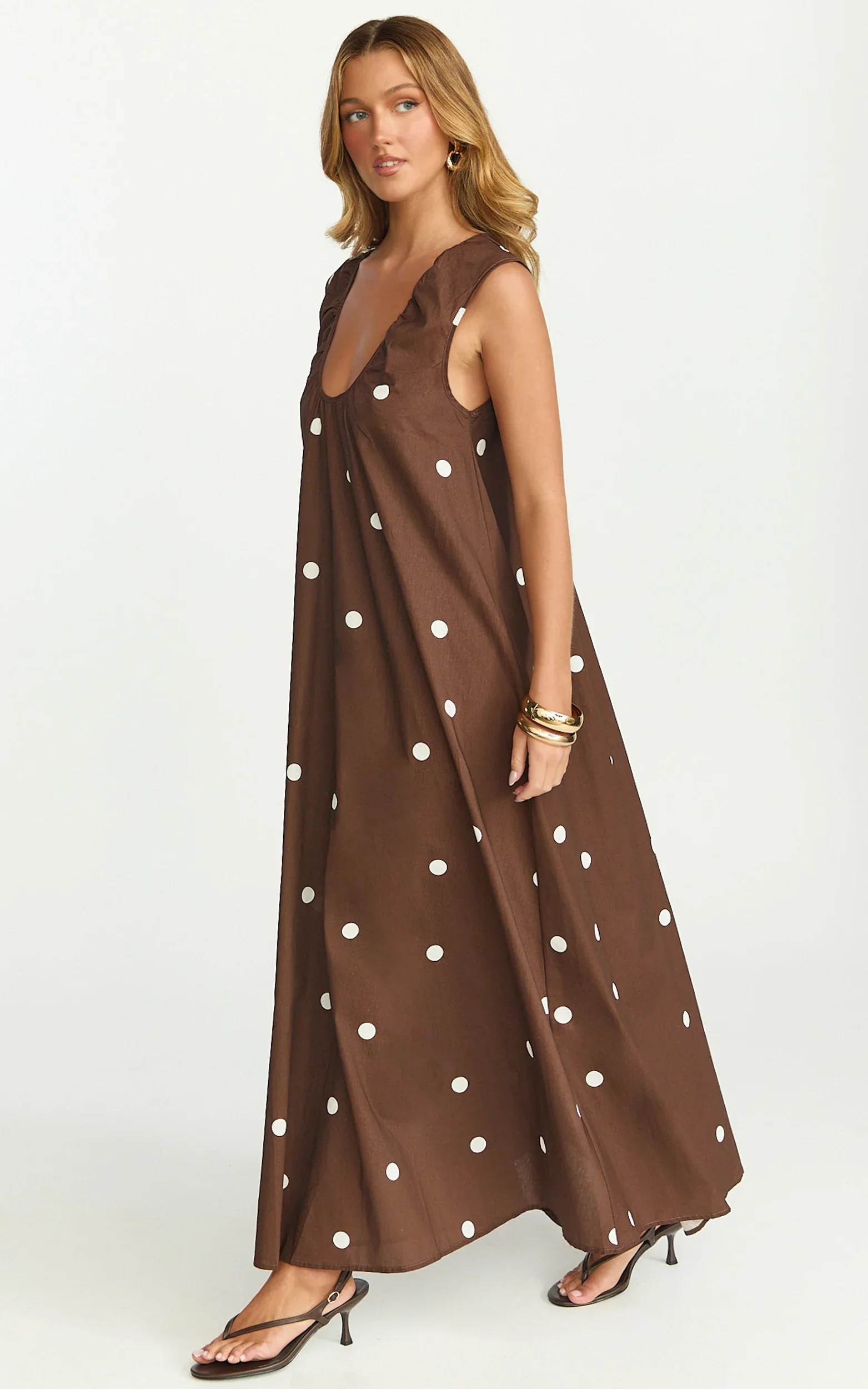 Simone Maxi Dress - U Halter Neck Linen Polkadot Dress in Chocolate