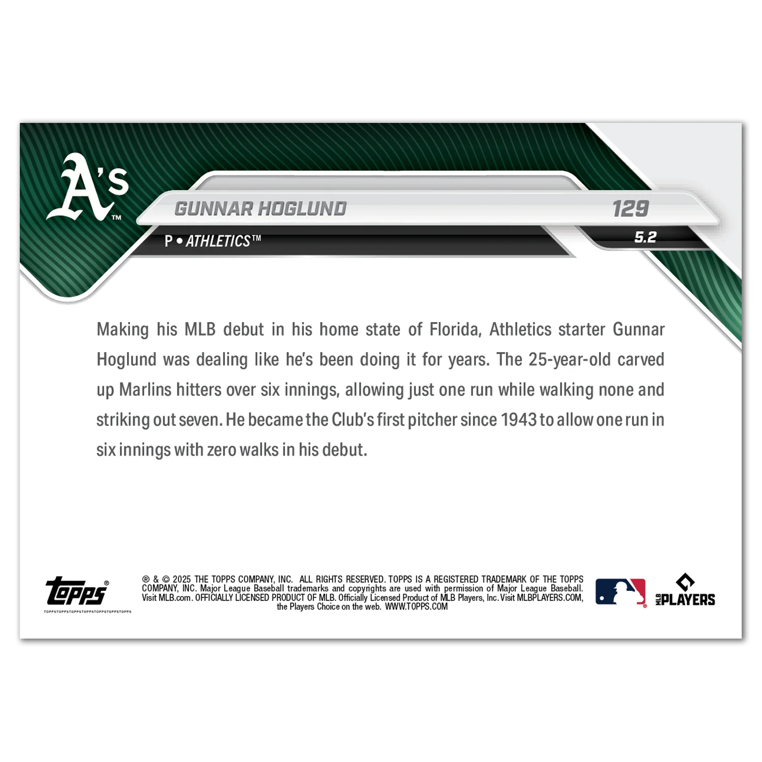 Gunnar Hoglund - 2025 MLB Topps NOW® - Card 129