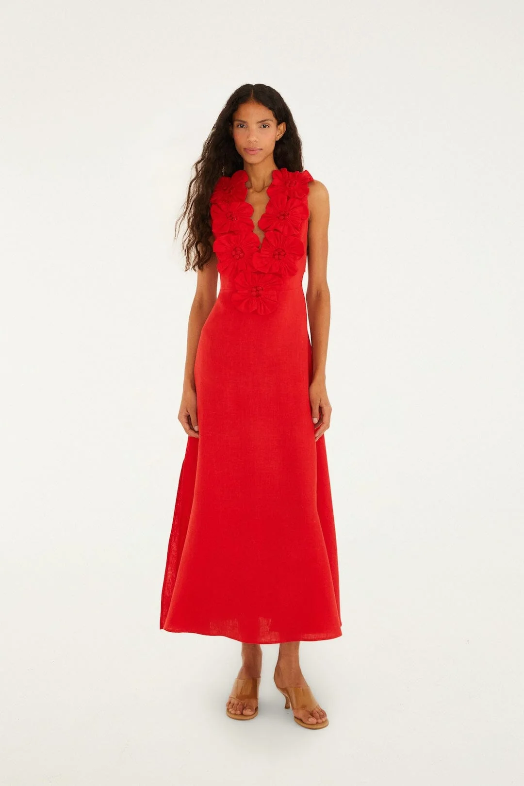 Red 3d Flower Euroflax  Maxi Dress