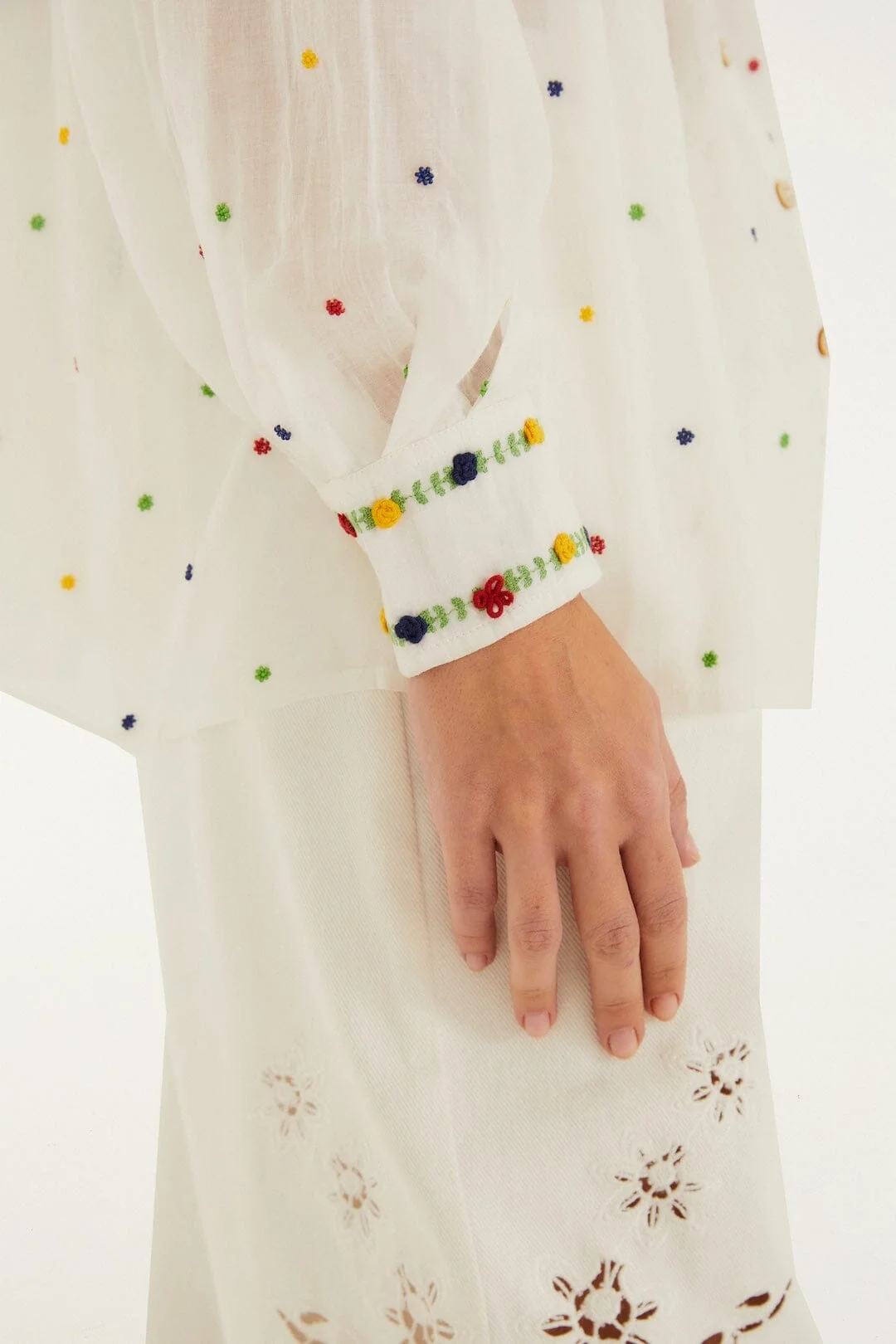 Off-White Embroidered Beads  Long Sleeve Blouse