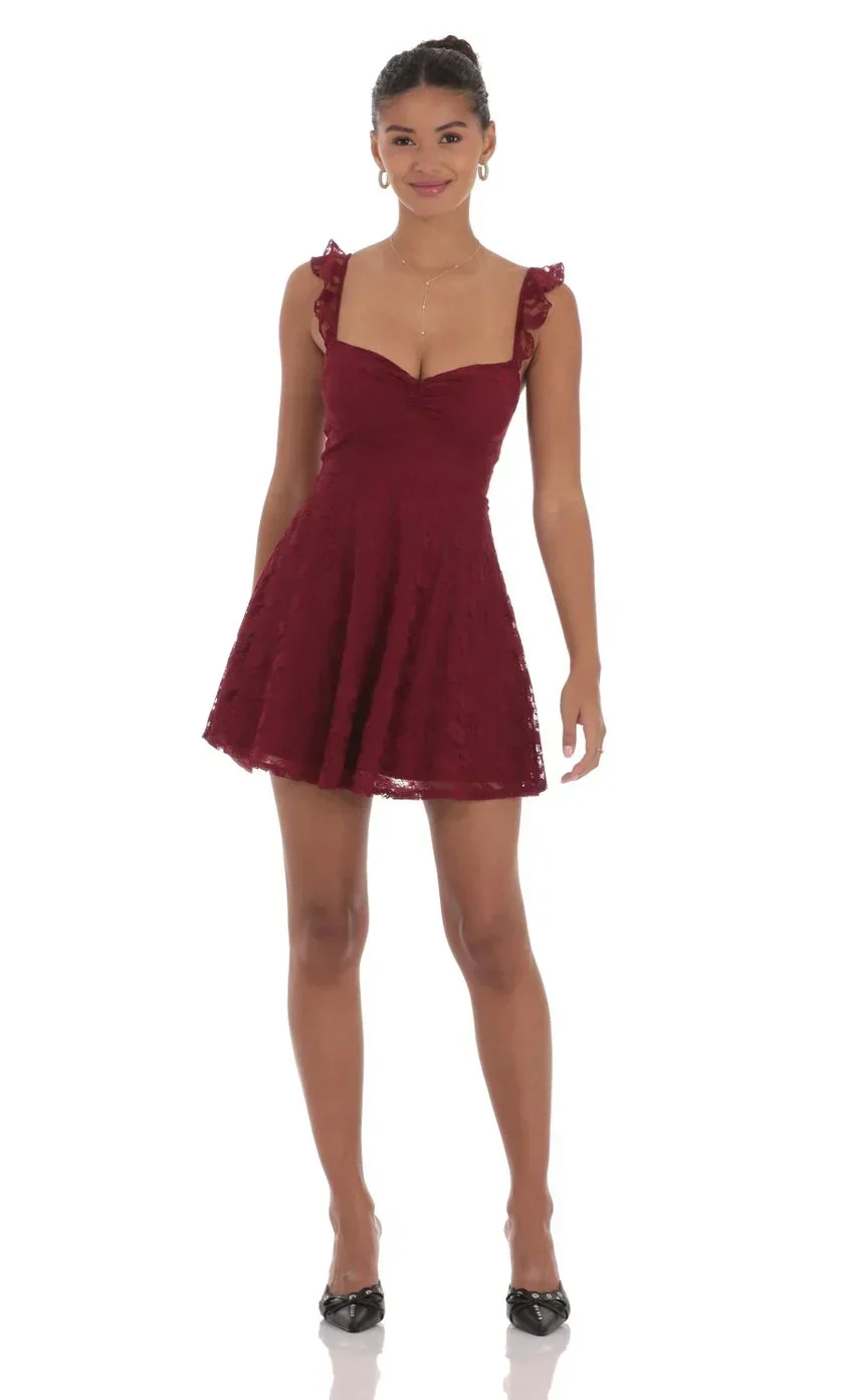 Lace Ruffle Strap A-Line Dress in Burgundy